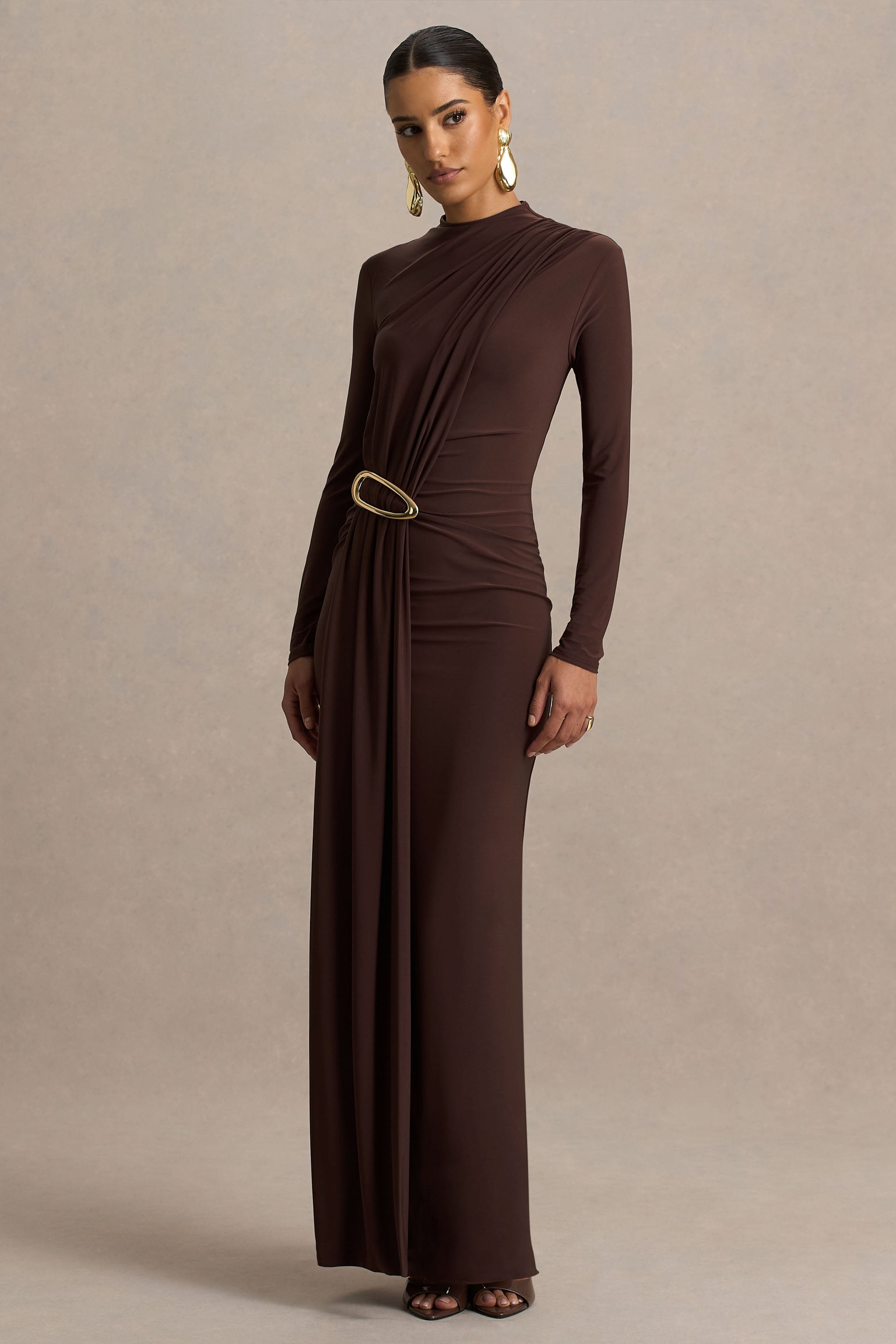 Zadie | Brown High-Neck Maxi Dress With Gathered-Detail