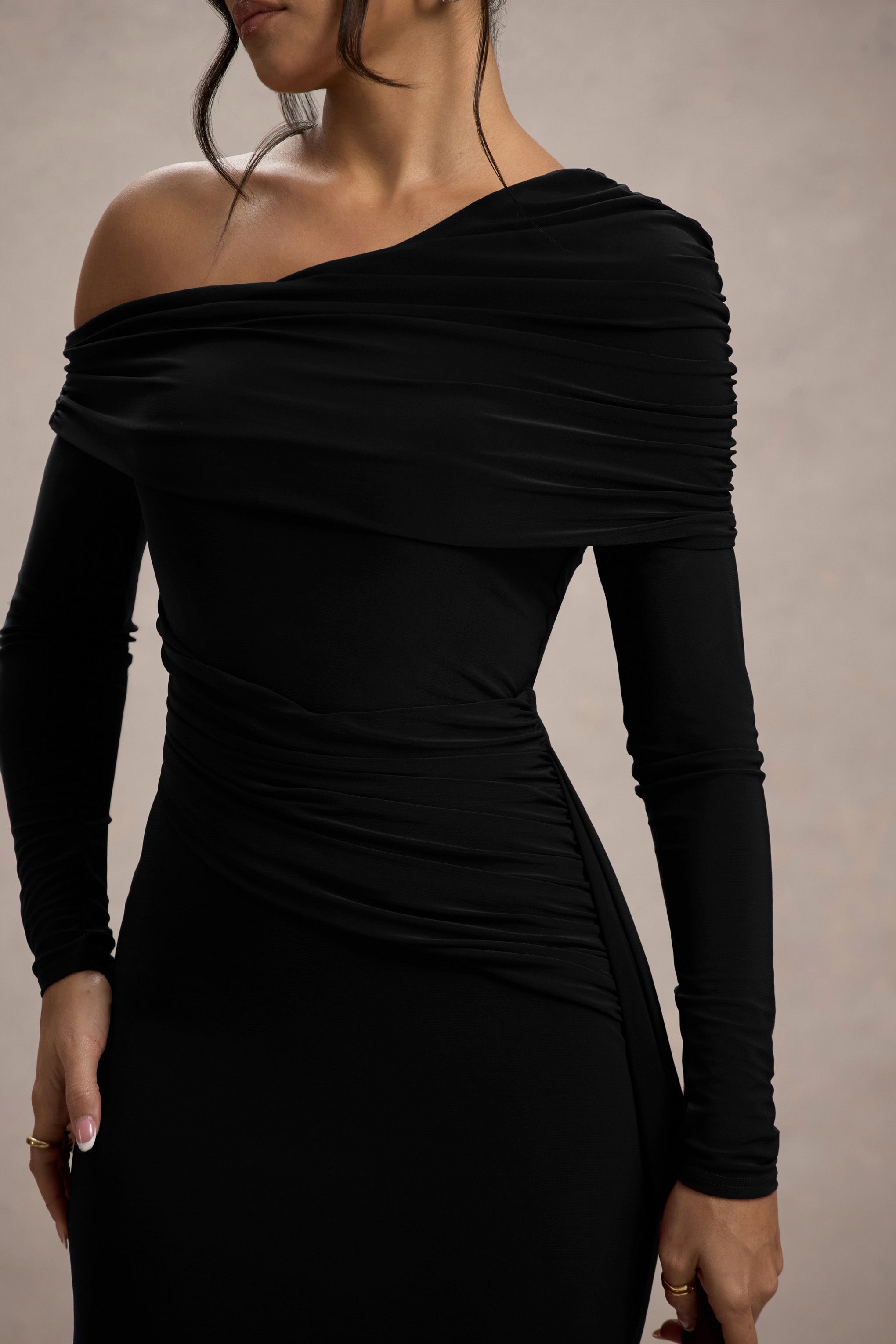 Valina | Black Ruched Asymmetric Maxi Dress With Drape