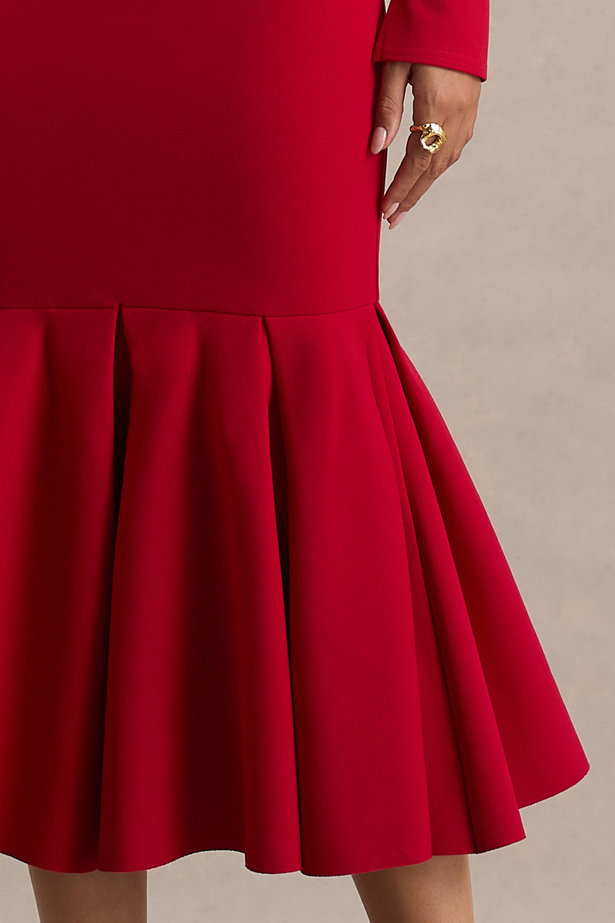 Liberty | Red High Neck Mermaid Midi Dress With Ruffling Detail