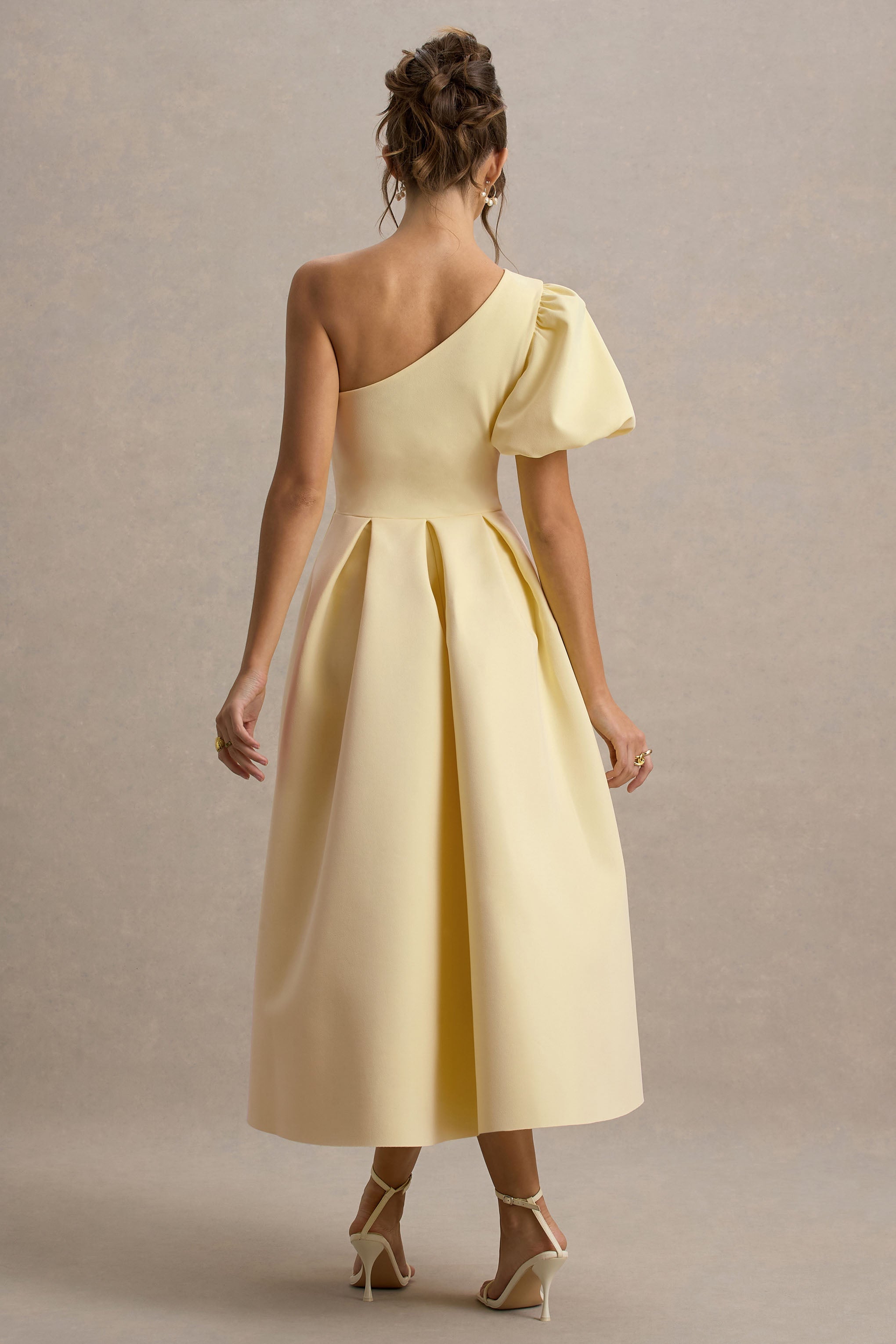 Rochelle | Pale Lemon Asymmetric Puff-Sleeve Midi Dress