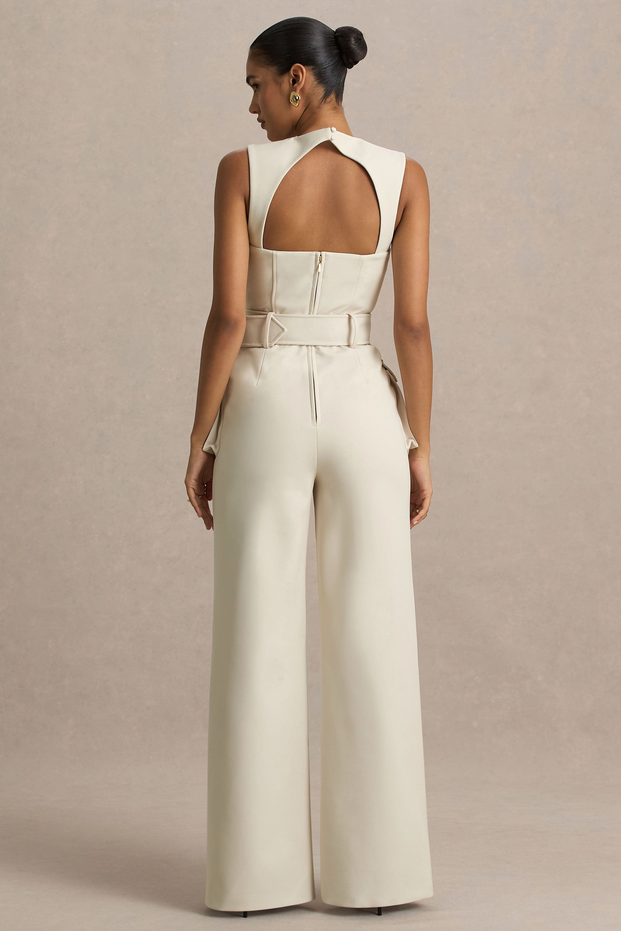 Solice | Cream Square-Neck Tailored Jumpsuit