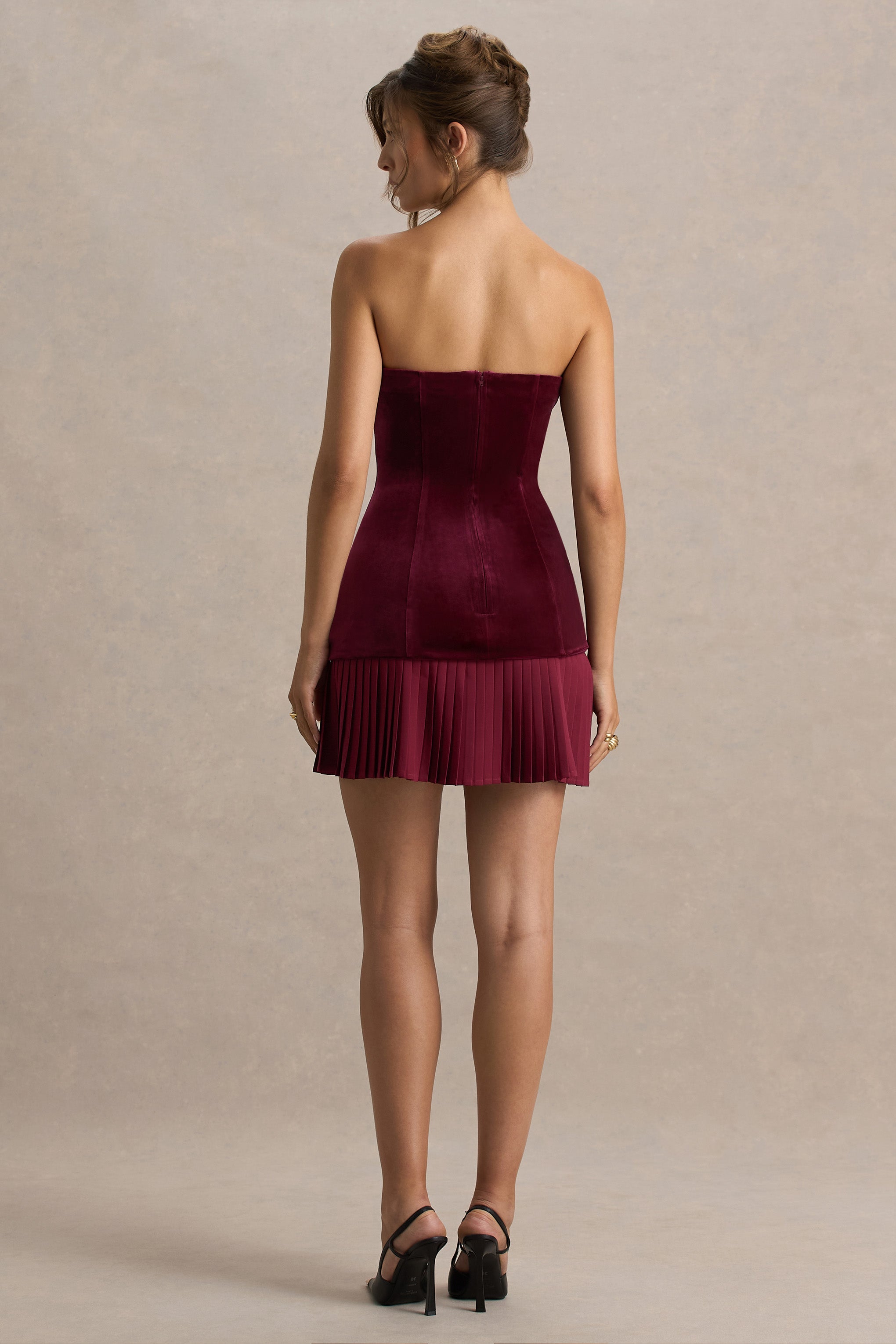 Valentina | Burgundy Velvet Bandeau Mini Dress With Pleated Detailing
