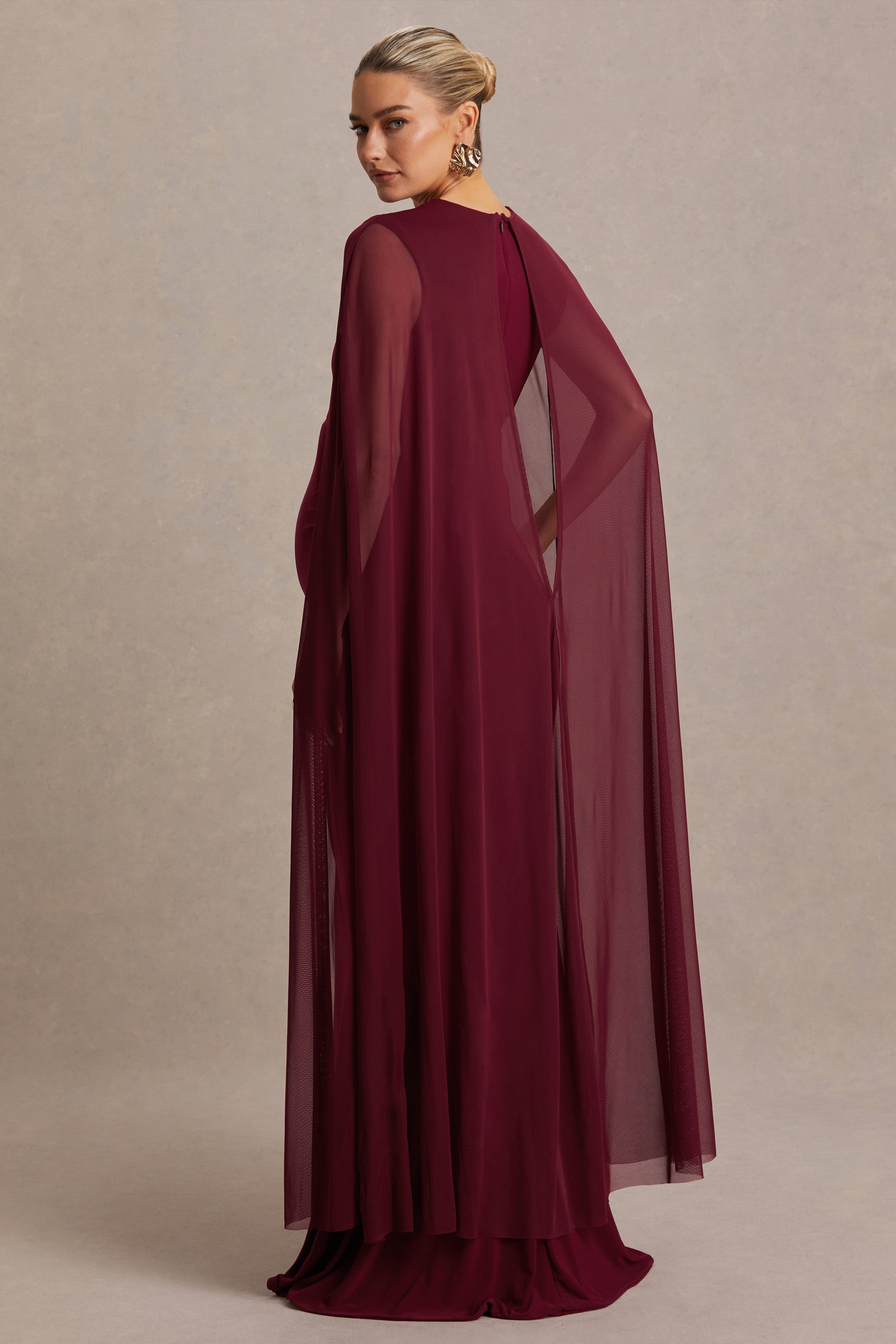 Currant | Berry High-Neck Maternity Maxi Dress With Cape