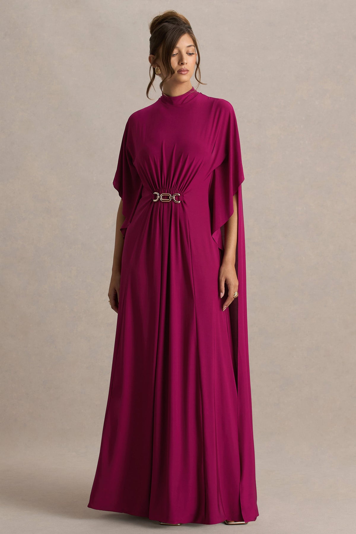 Olessia | Burgundy Belted Gathered Cape-Sleeve Maxi Dress