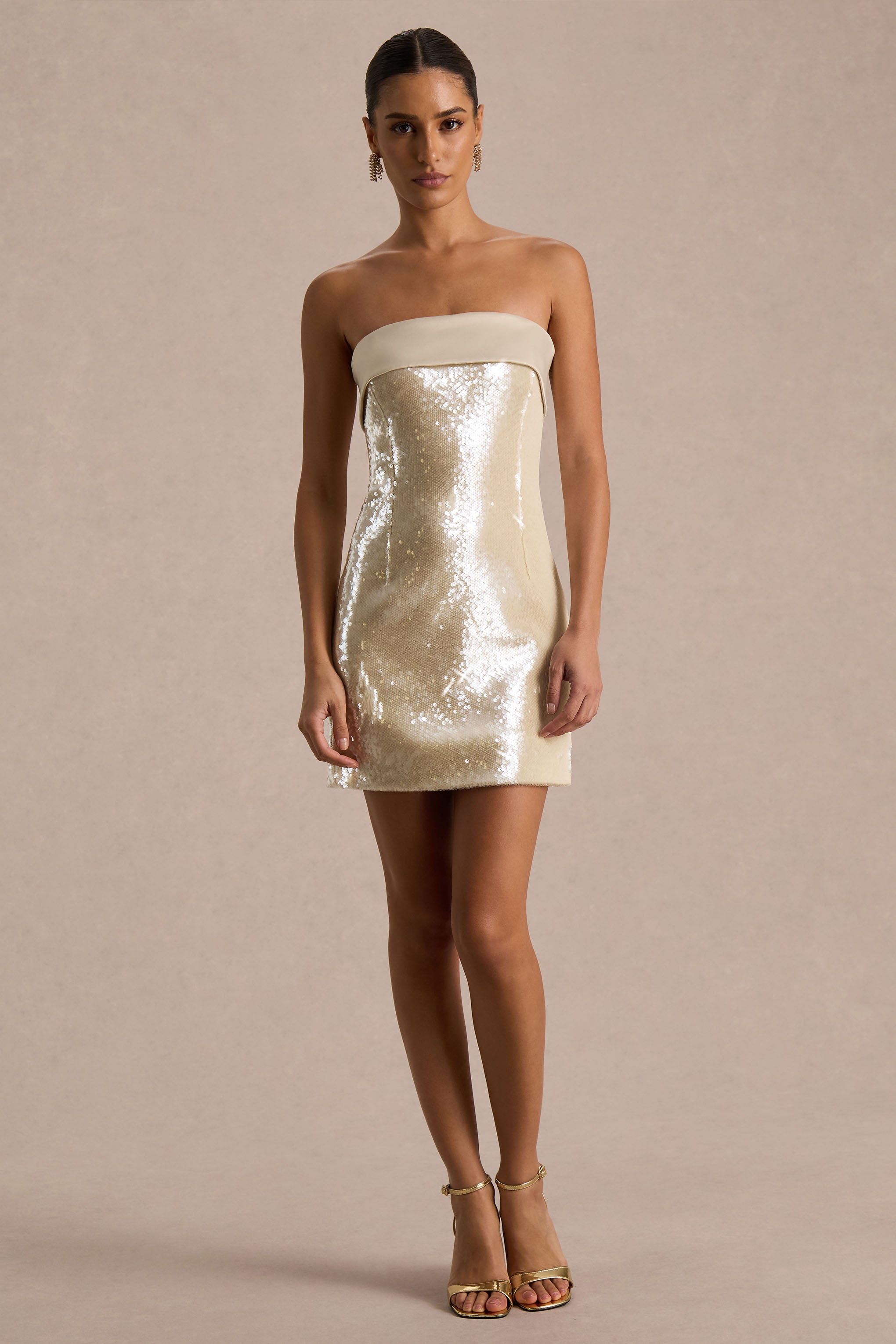 Casandra | Champagne Sequin Bandeau Mini Dress With Satin Trim