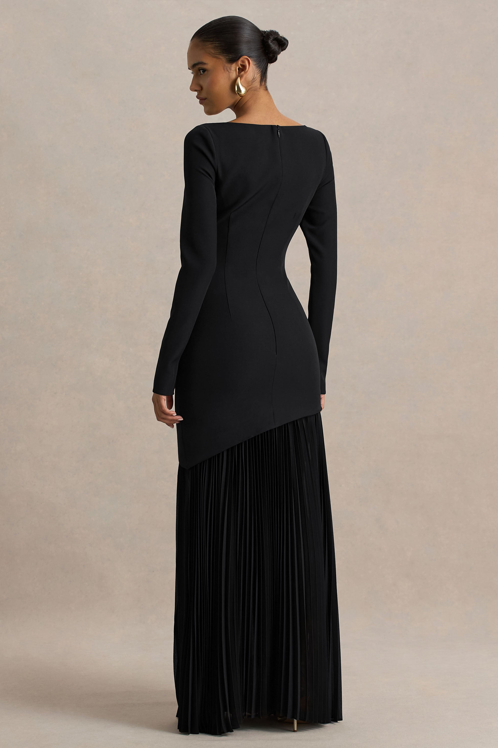 Yanira | Black Crepe And Georgette Boat-Neck Maxi Dress With Drop Waist