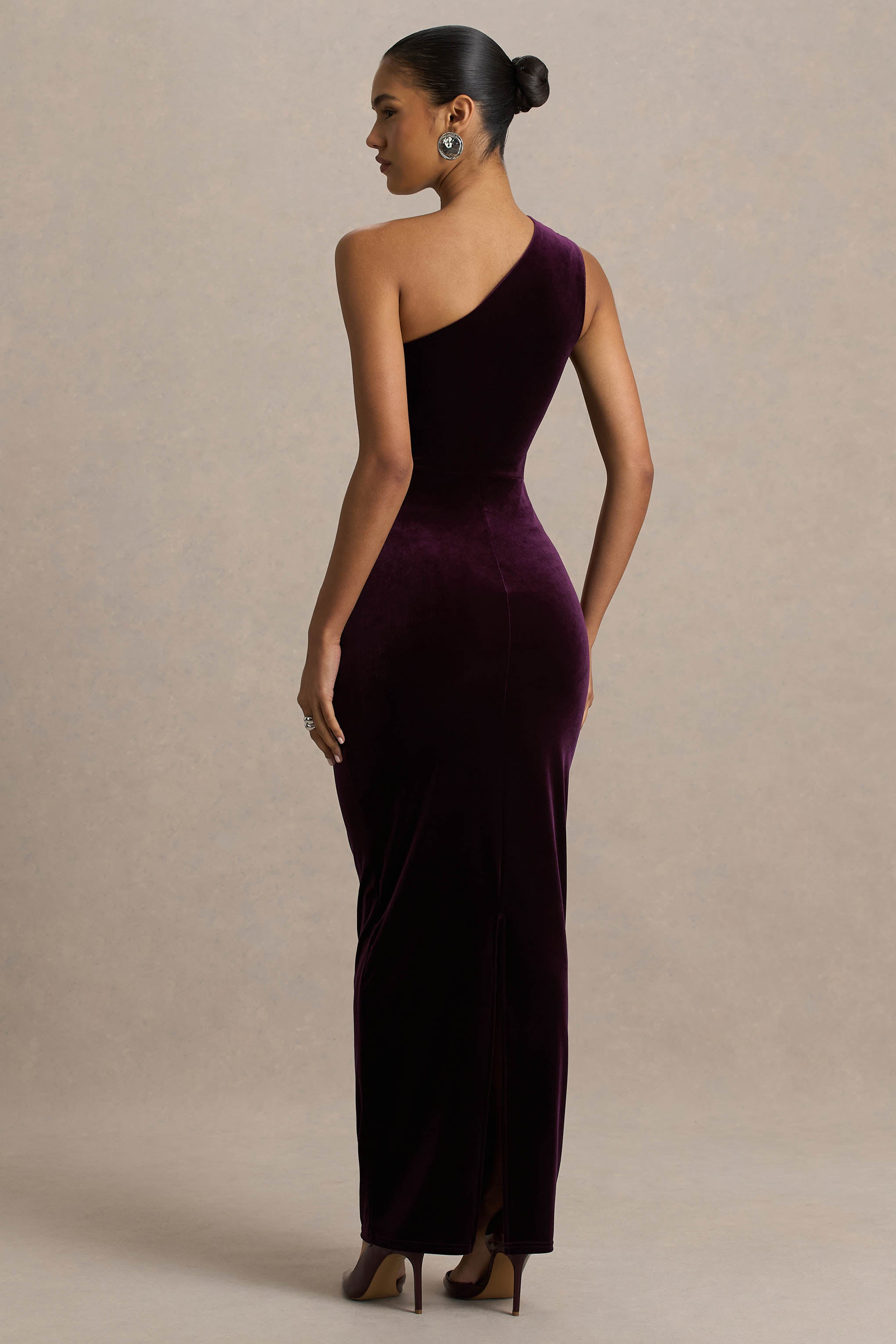 Treat | Burgundy Velvet Asymmetric-Neck Maxi Dress With Ruched Detailing.
