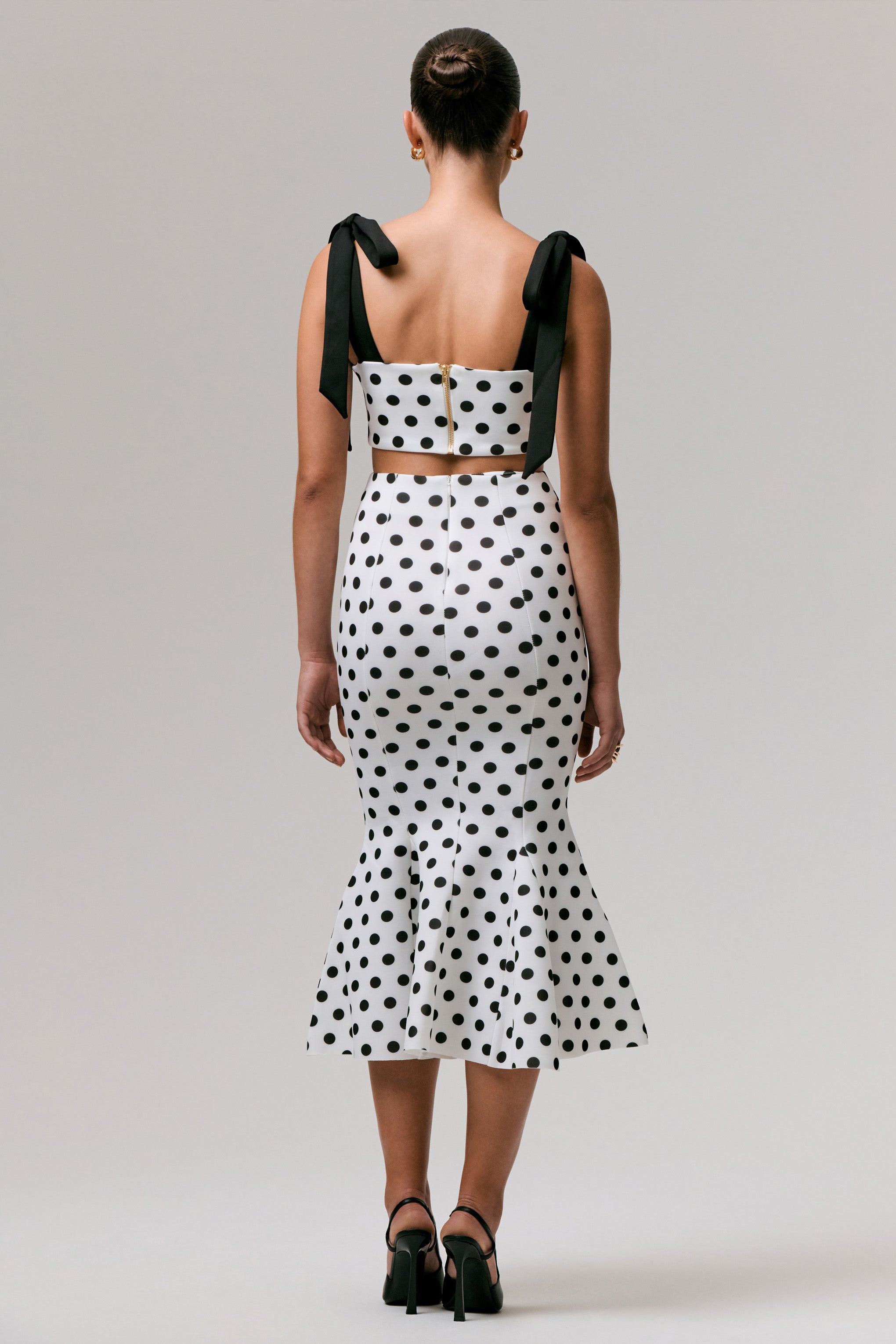 Amadea | Black & White Polka Dot Fishtail Midi Skirt