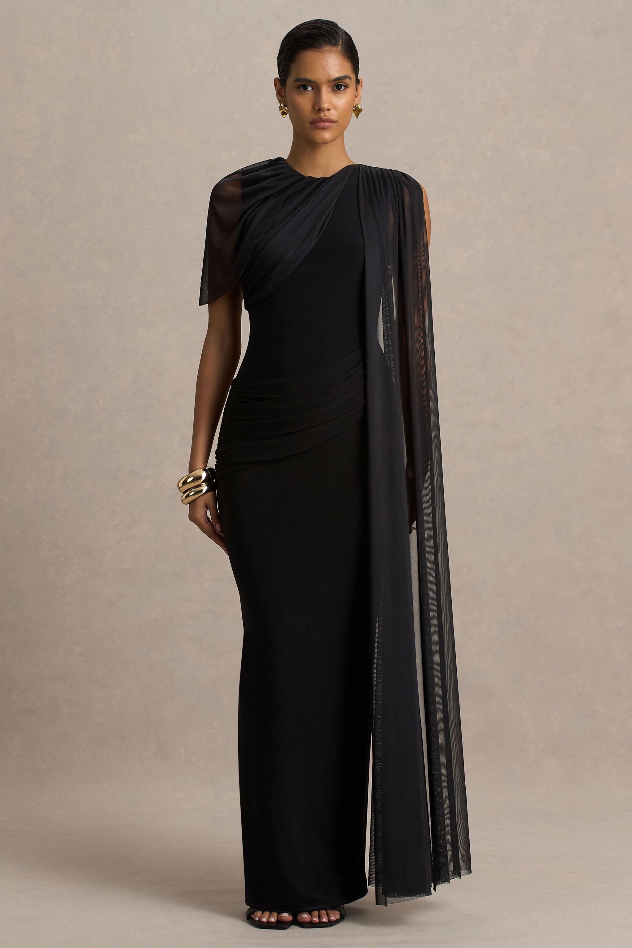 Brenda | Black Crew-Neck Maxi Dress With Mesh Cape And Sash