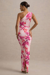 Dalarie | Pink and Orange Floral Print One-Shoulder Gathered Maxi Dress