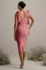 Linnie | Pink Square-Neck Maternity Midi Dress With Bow Straps