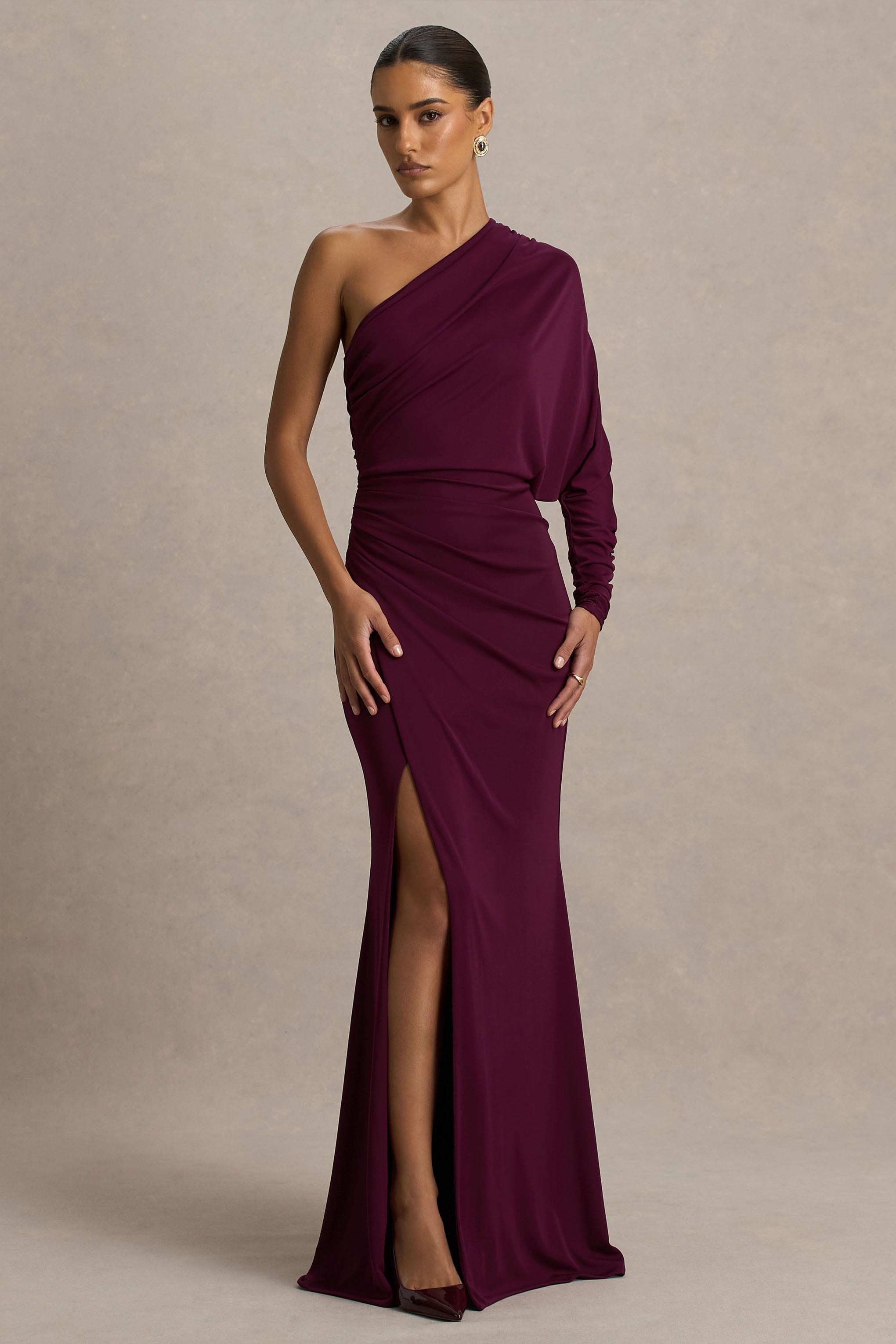Lola | Burgundy Asymmetric-Neck Maxi Dress With Ruched Detailing And Front High-Split