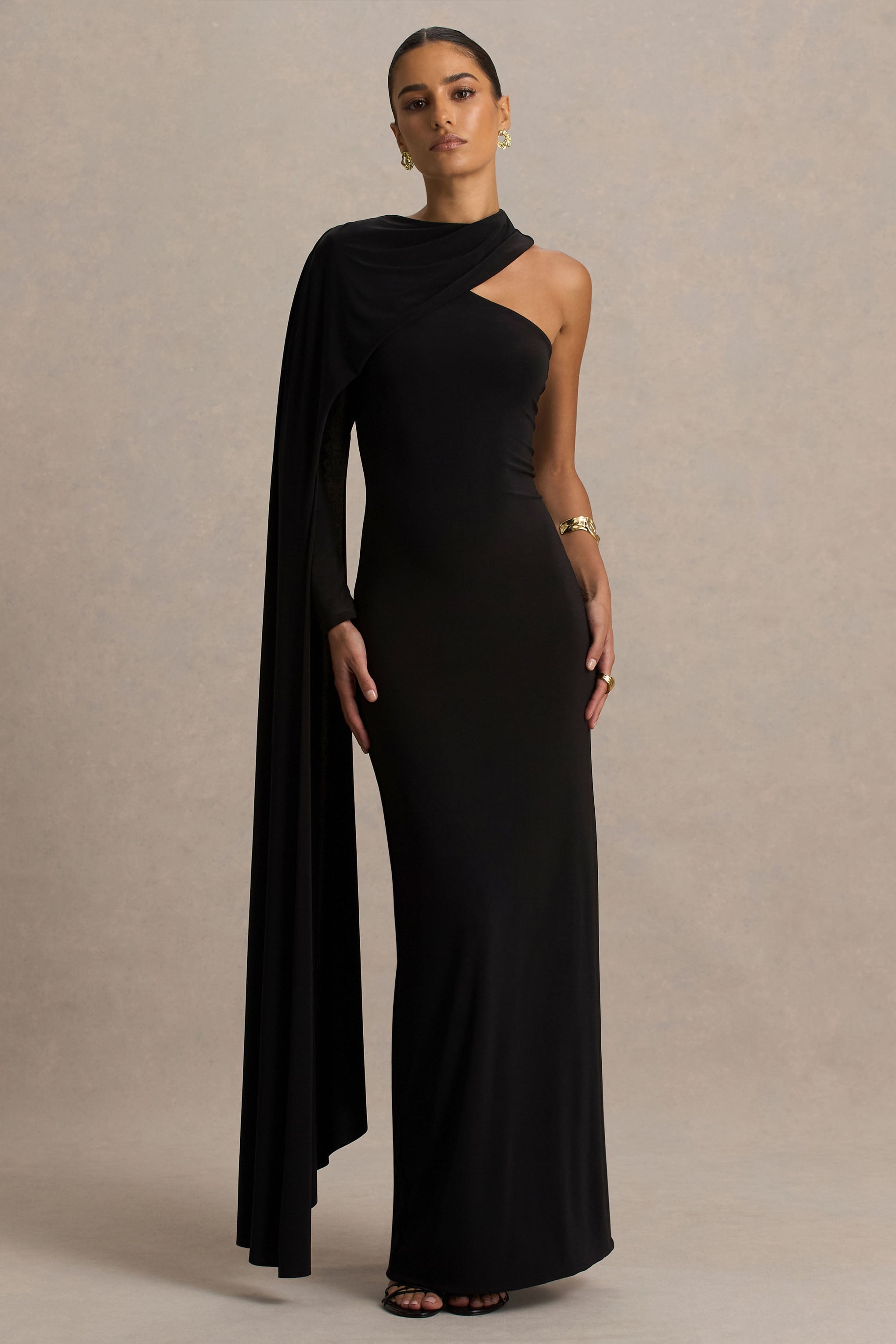Dawn | Black High-Neck Maxi Dress With One Long Cape-Sleeve