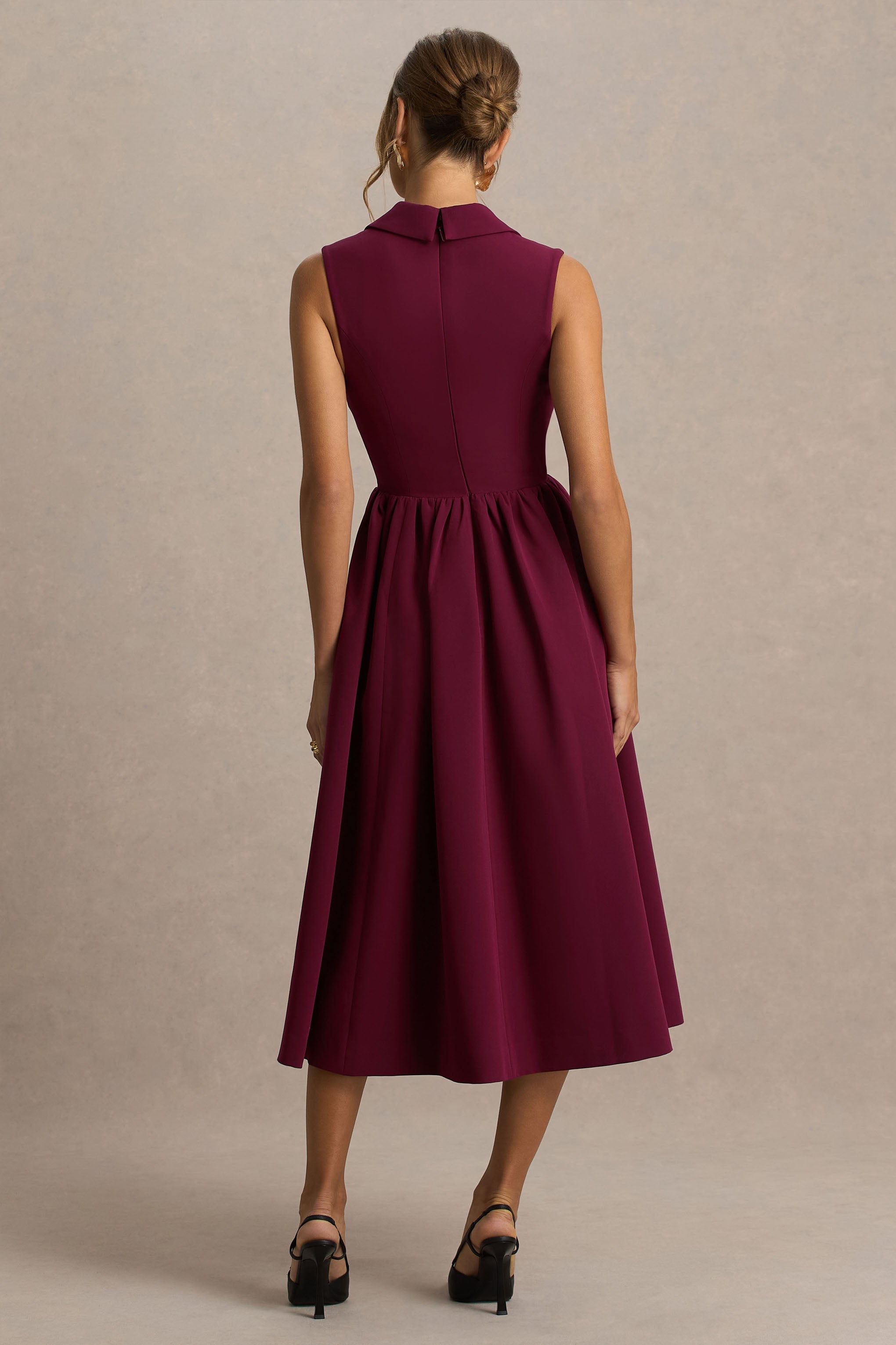 Lisa | Burgundy Plunge-Neck Tailored Midi Dress With Button-Detailing