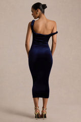 Carella | Navy Velvet Twisted Asymmetric Midi Dress