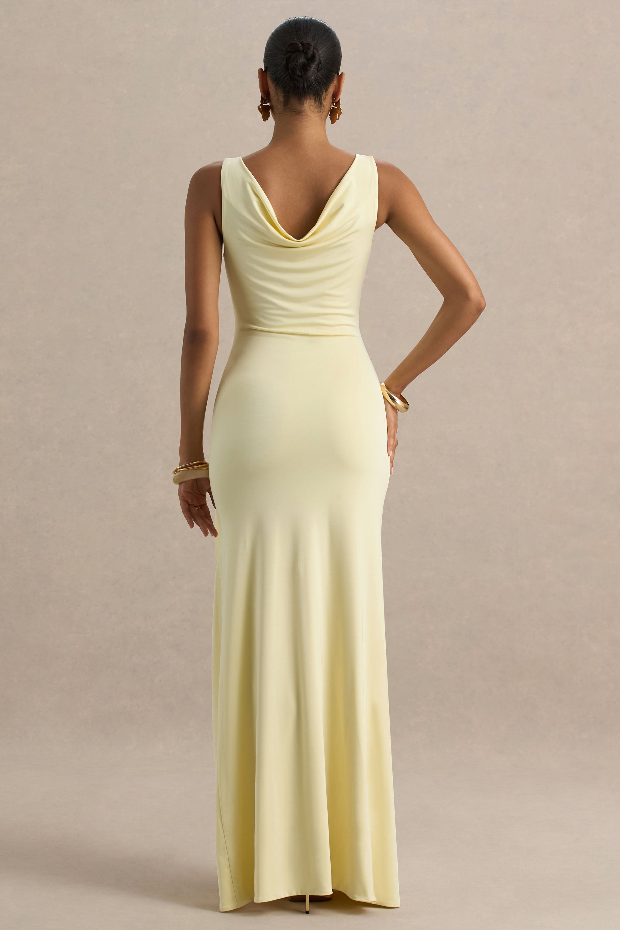 Pure Affection | Pale Lemon Cowl-Neck Maxi Dress With Ruched Detailing And Front High Split