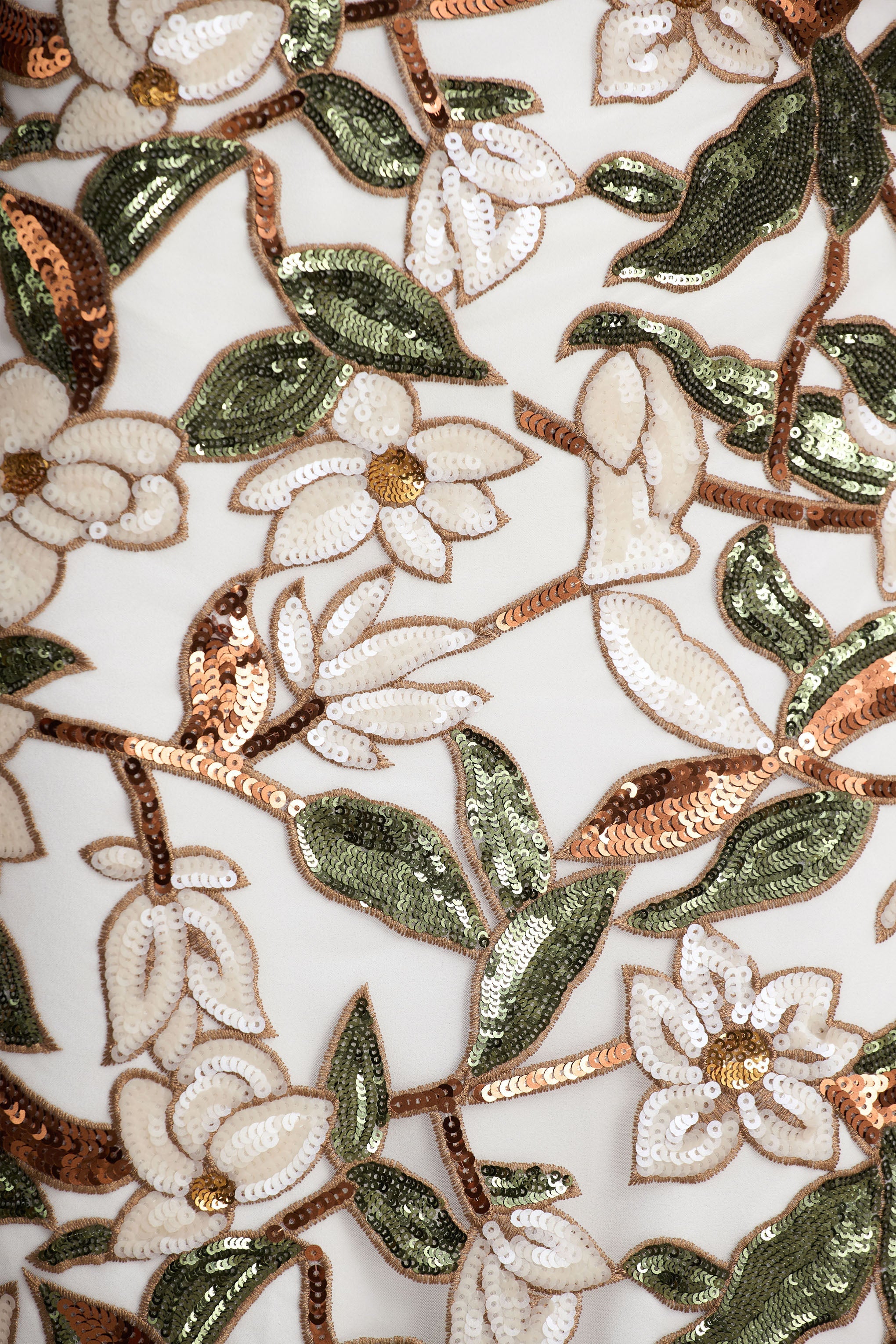 Iony | White And Green Embellished Sequin Floral And Mesh Asymmetric-Neck Maxi Dress