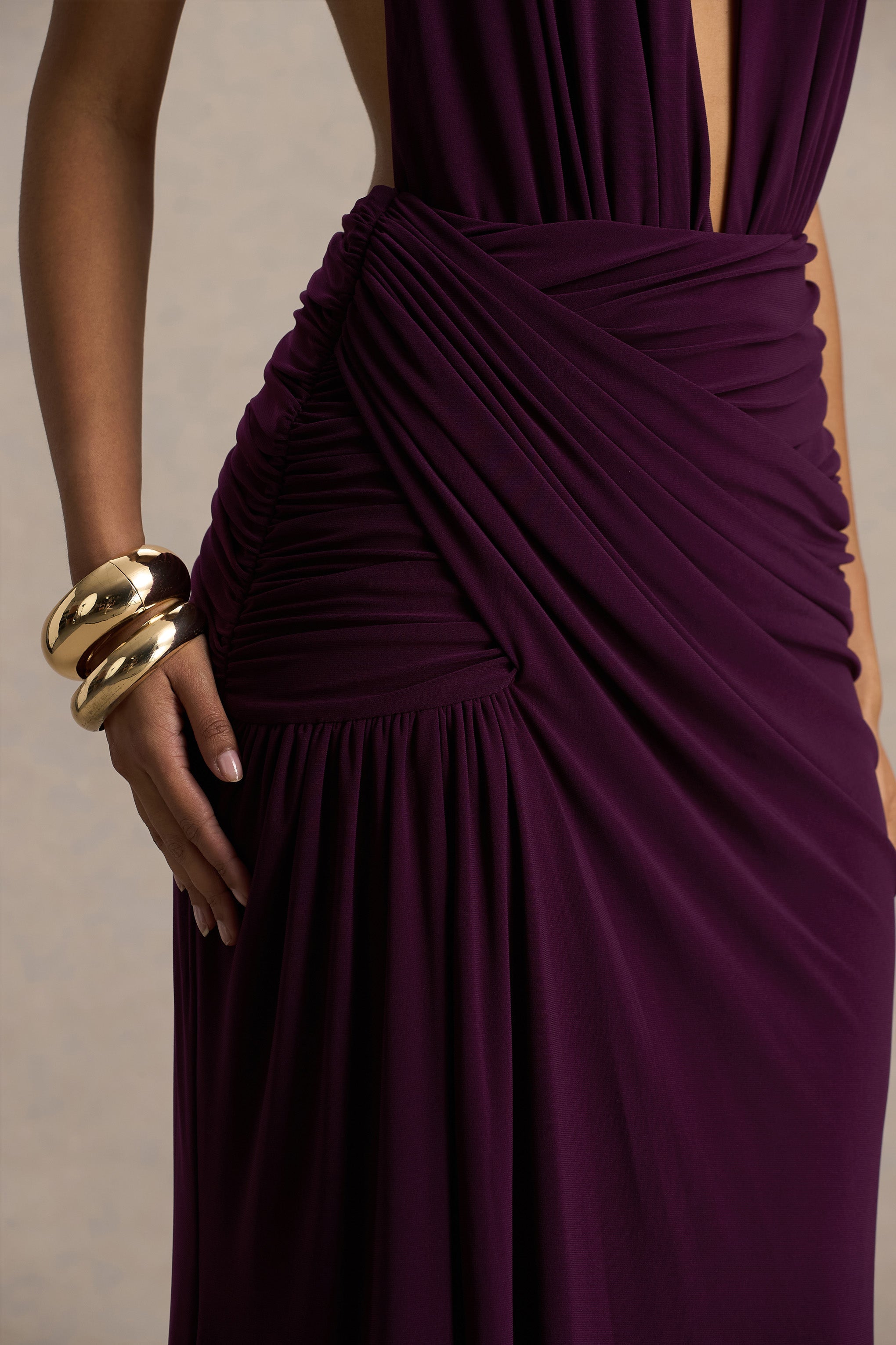 Tilly | Burgundy Extreme Plunge-Neck Maxi Dress With Wrap And Ruched Details