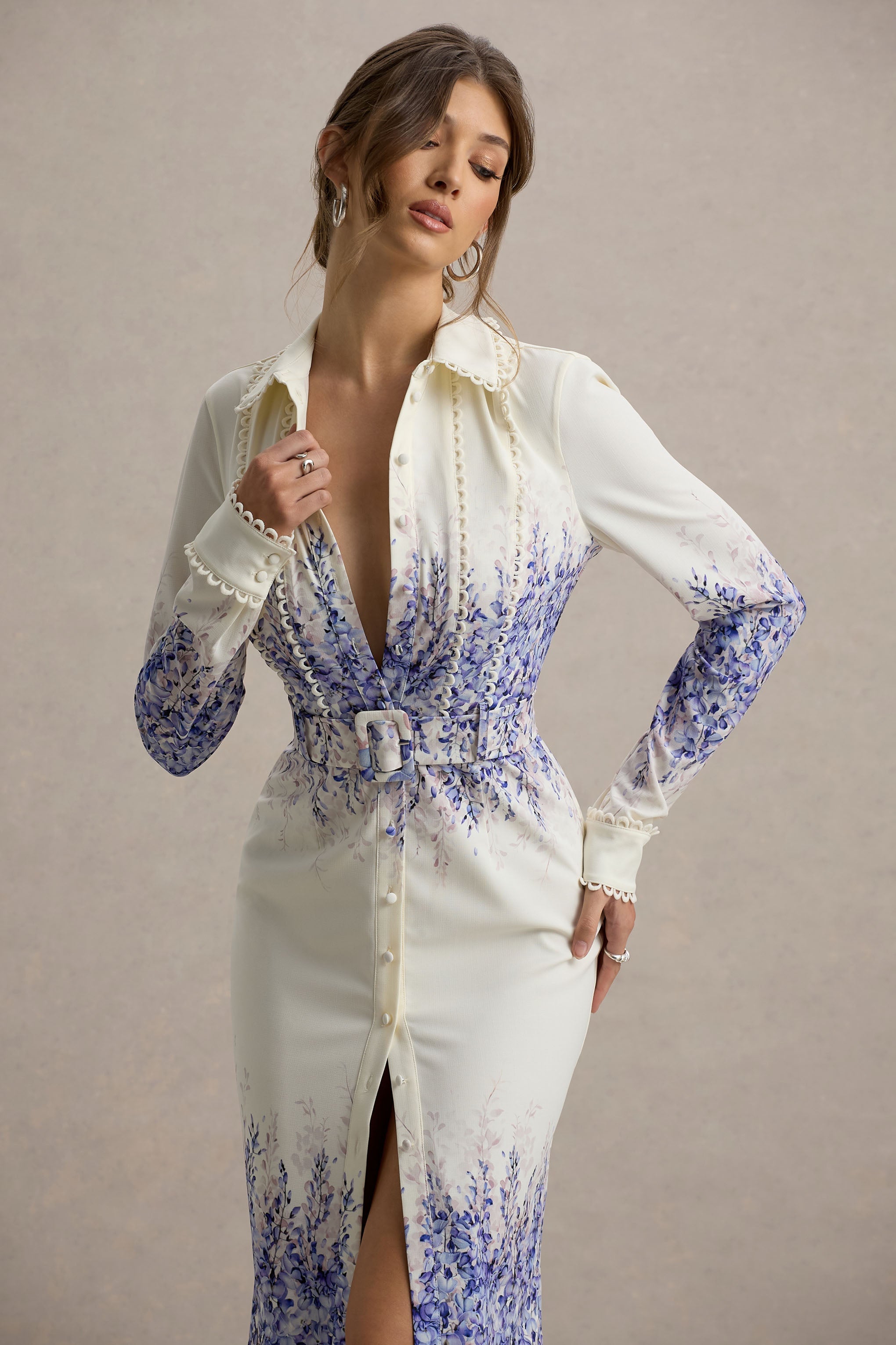 Zephy | Wisteria Print Belted Shirt Midi Dress