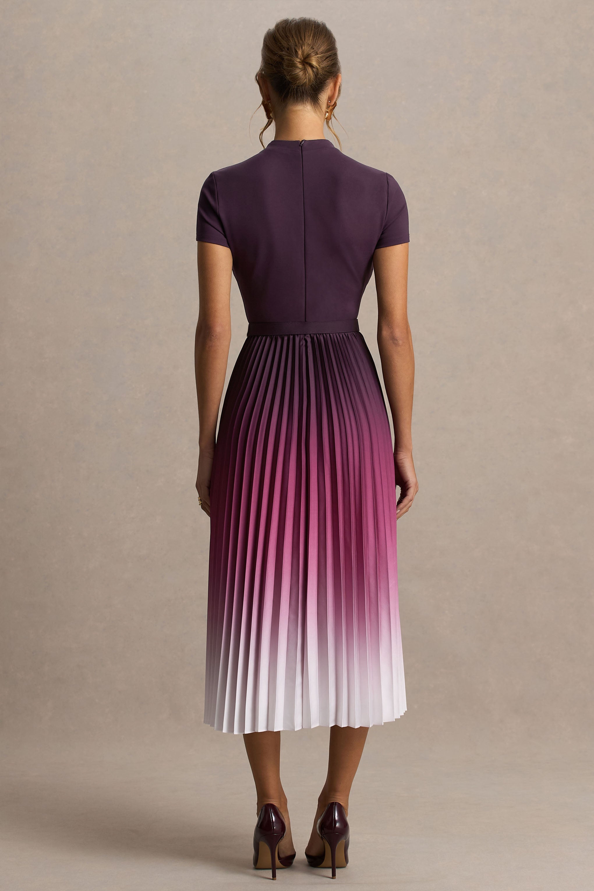 Libby | Burgundy Ombre Woven High-Neck Midi Dress With Pleated Detailing