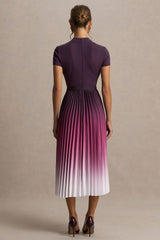 Libby | Burgundy Ombre Woven High-Neck Midi Dress With Pleated Detailing