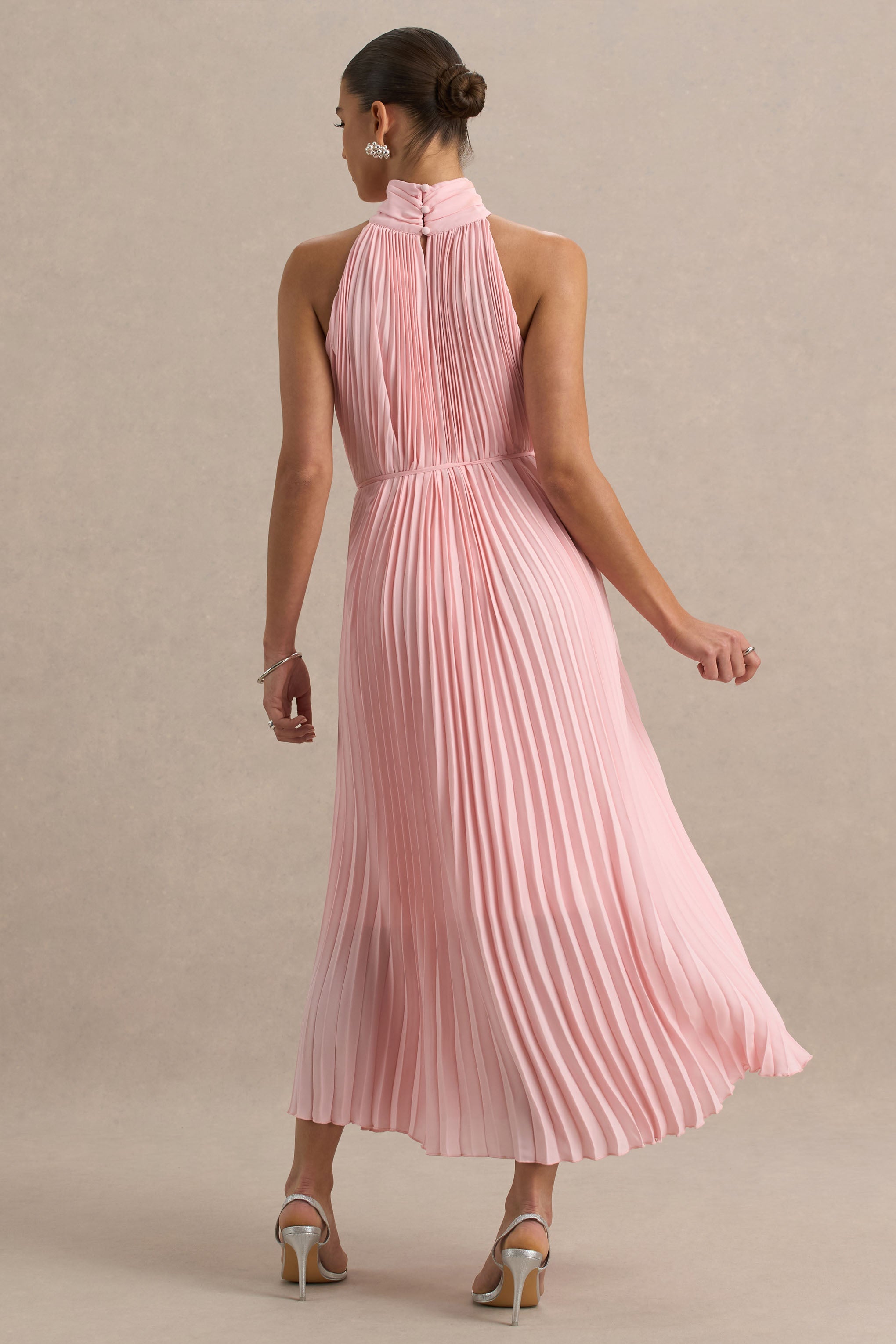 Tulip | Blush Pink Pleated High-Neck Midi Dress