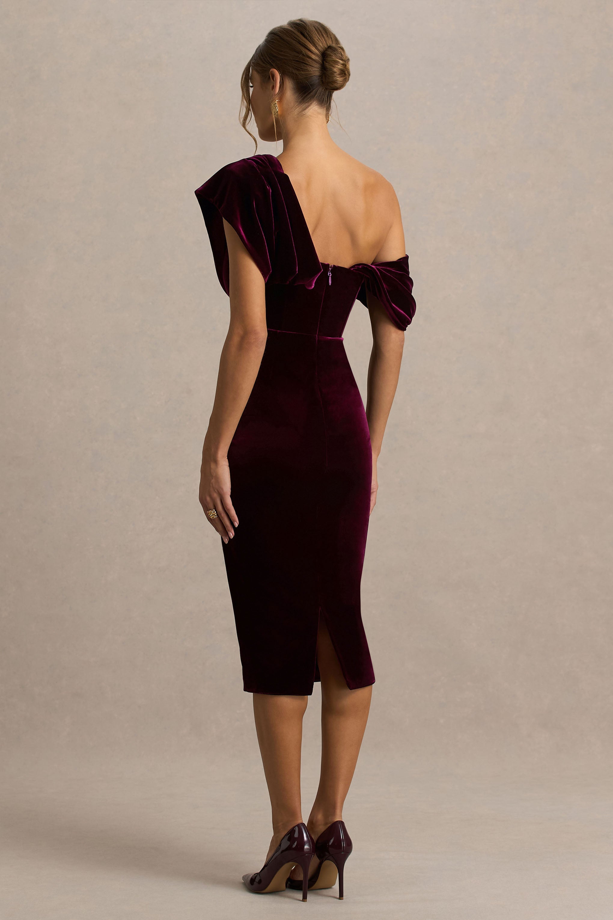 High End | Burgundy Velvet Asymmetric-Neck Midi Dress With Draped Detailing
