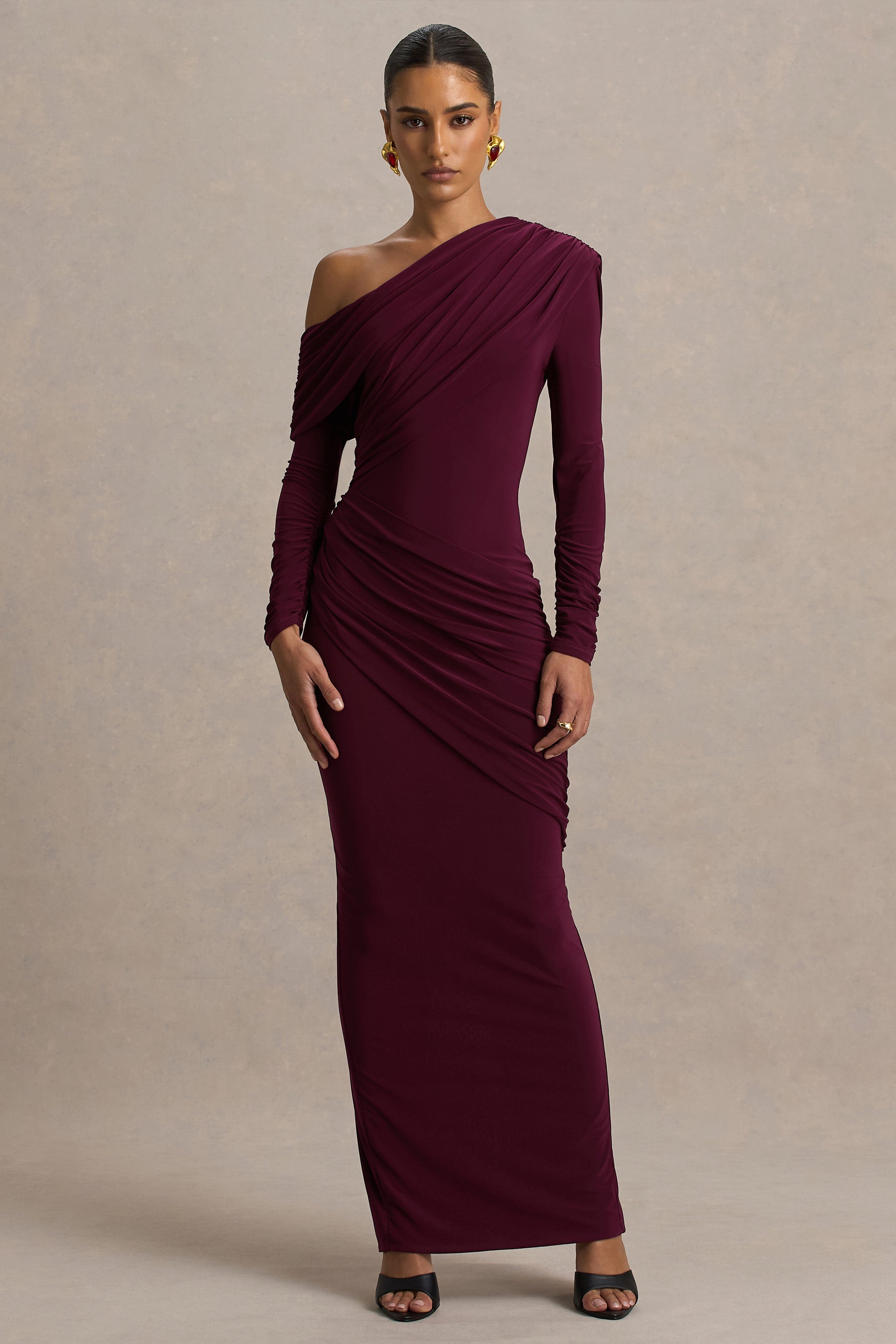Perrie | Burgundy Asymmetric-Neck Maxi Dress With Ruched Detailing