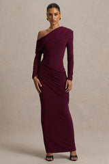 Perrie | Burgundy Asymmetric-Neck Maxi Dress With Ruched Detailing