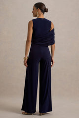 Opulence | Navy Jumpsuit With Cape Sleeve and Draped Details