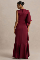 Rosy | Burgundy Satin Boat-Neck Maxi Dress With Front Split And Ruffled Detailing