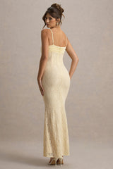 Felicia | Pale Lemon Satin Sweetheart Maxi Dress With Lace Details