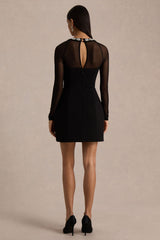 Emmey | Black Crepe And Mesh Square-Neck Mini Dress