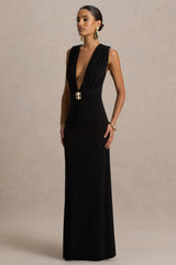 Alena | Black Extreme-Plunge Neck Maxi Dress With Gold Detail