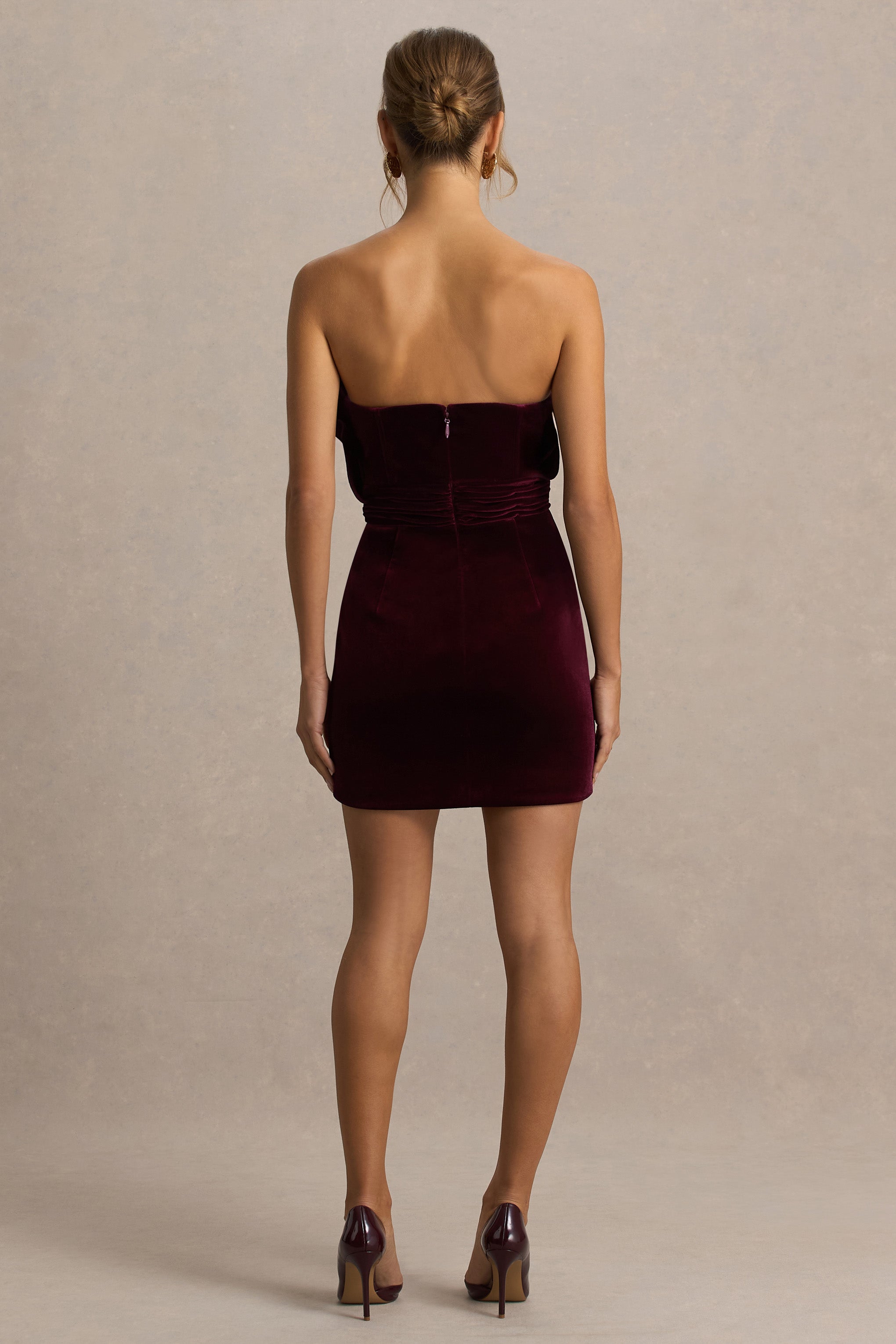 Polly | Burgundy Velvet Ruffled Strapless Mini Dress
