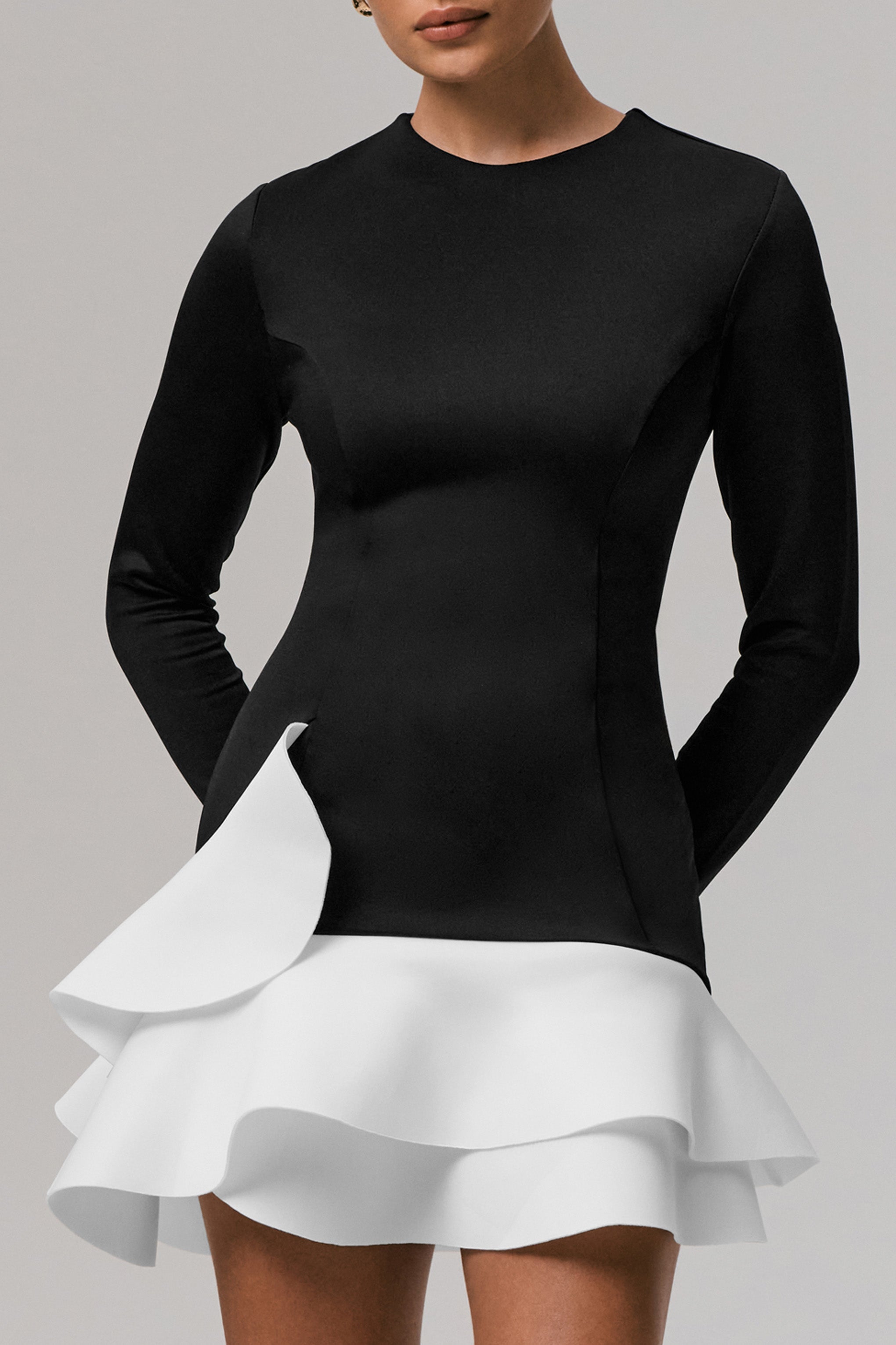 Lucinda | Black & White Long-Sleeve Mini Dress With Ruffle Hem