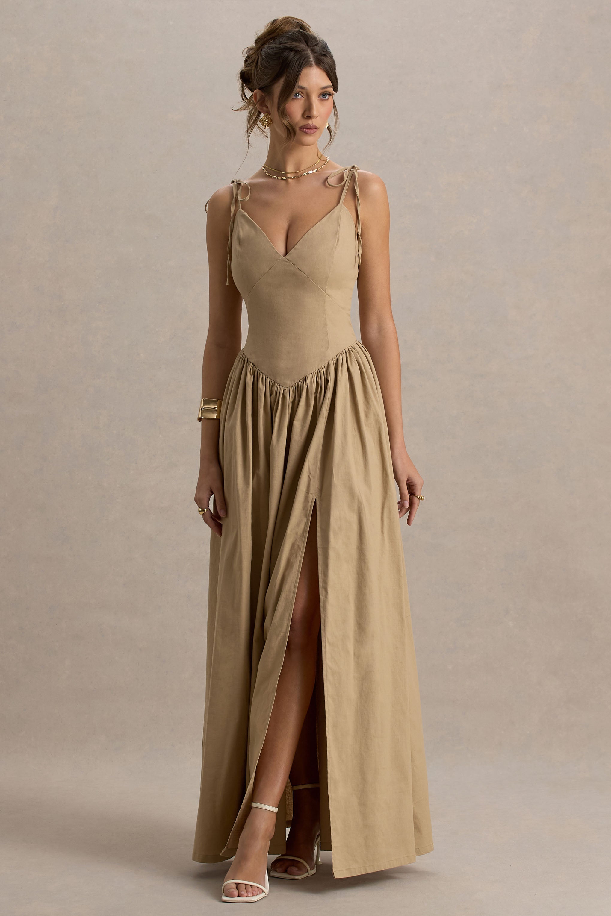 Comet | Tan Linen Maxi Dress with Plunge Neckline and Front High Split