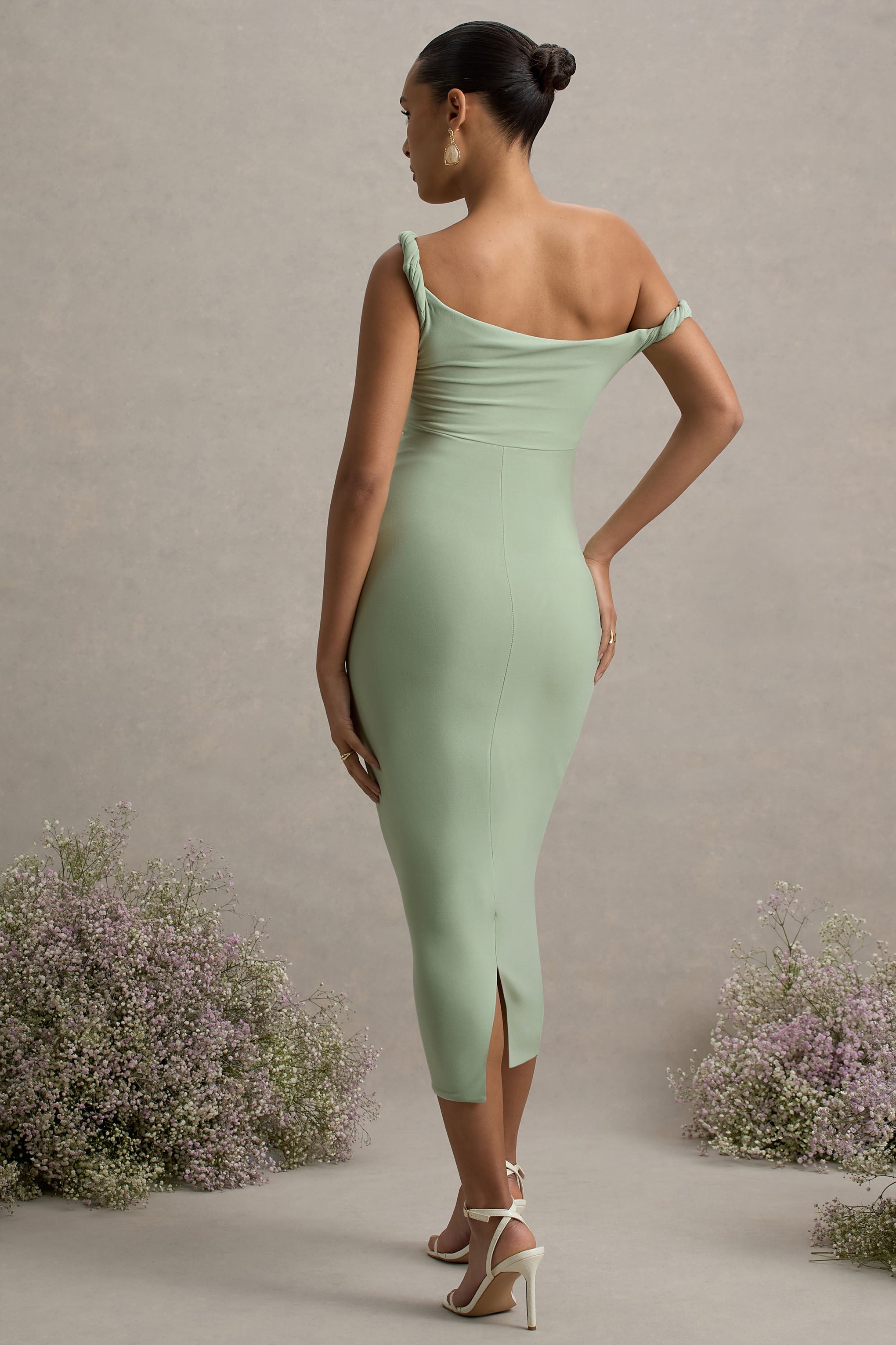 Salome | Light Green Twisted Asymmetric Maternity Midi Dress