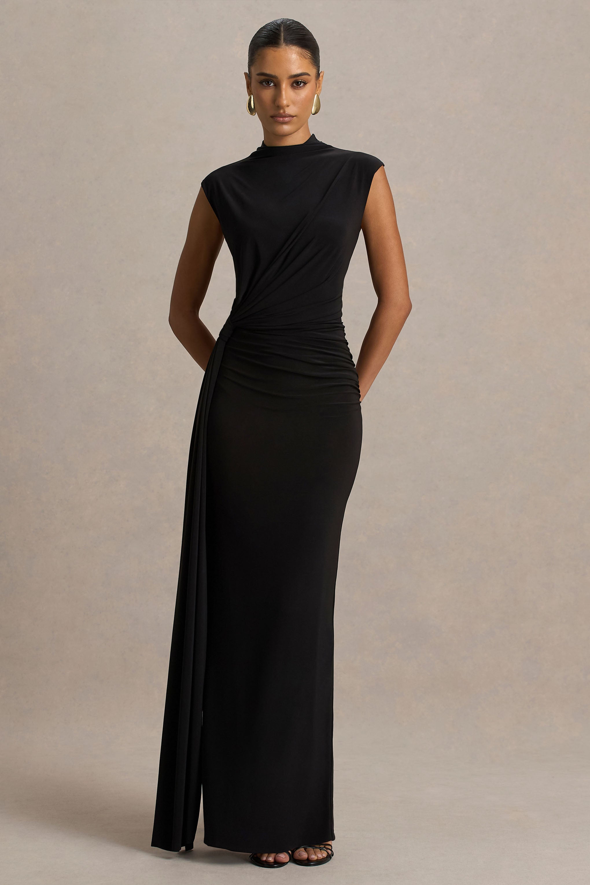 Solene | Black High-Neck Maxi Dress With Wrap And Drape Detail