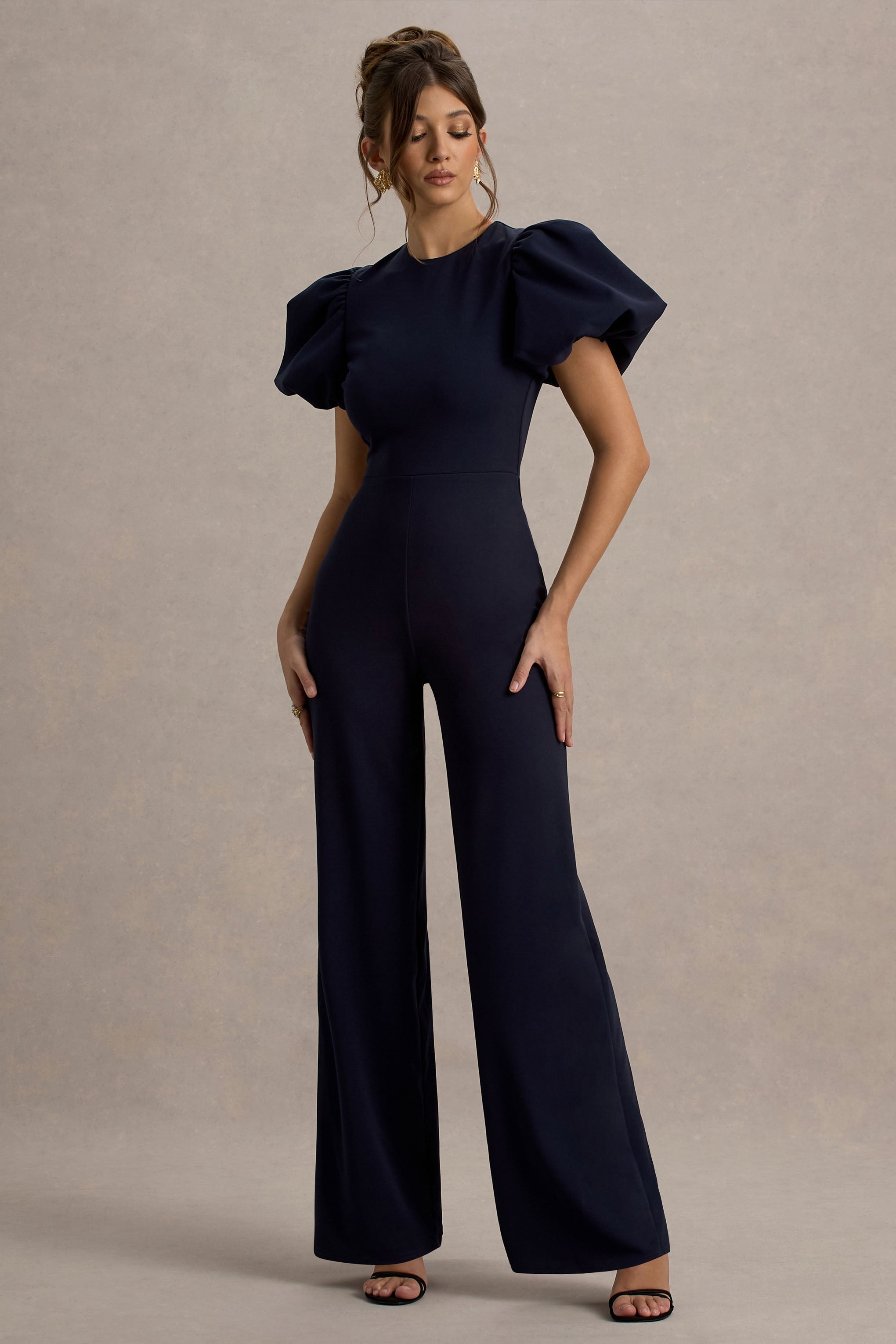 Dillon | Navy Puff-Sleeve Straight-Leg Jumpsuit