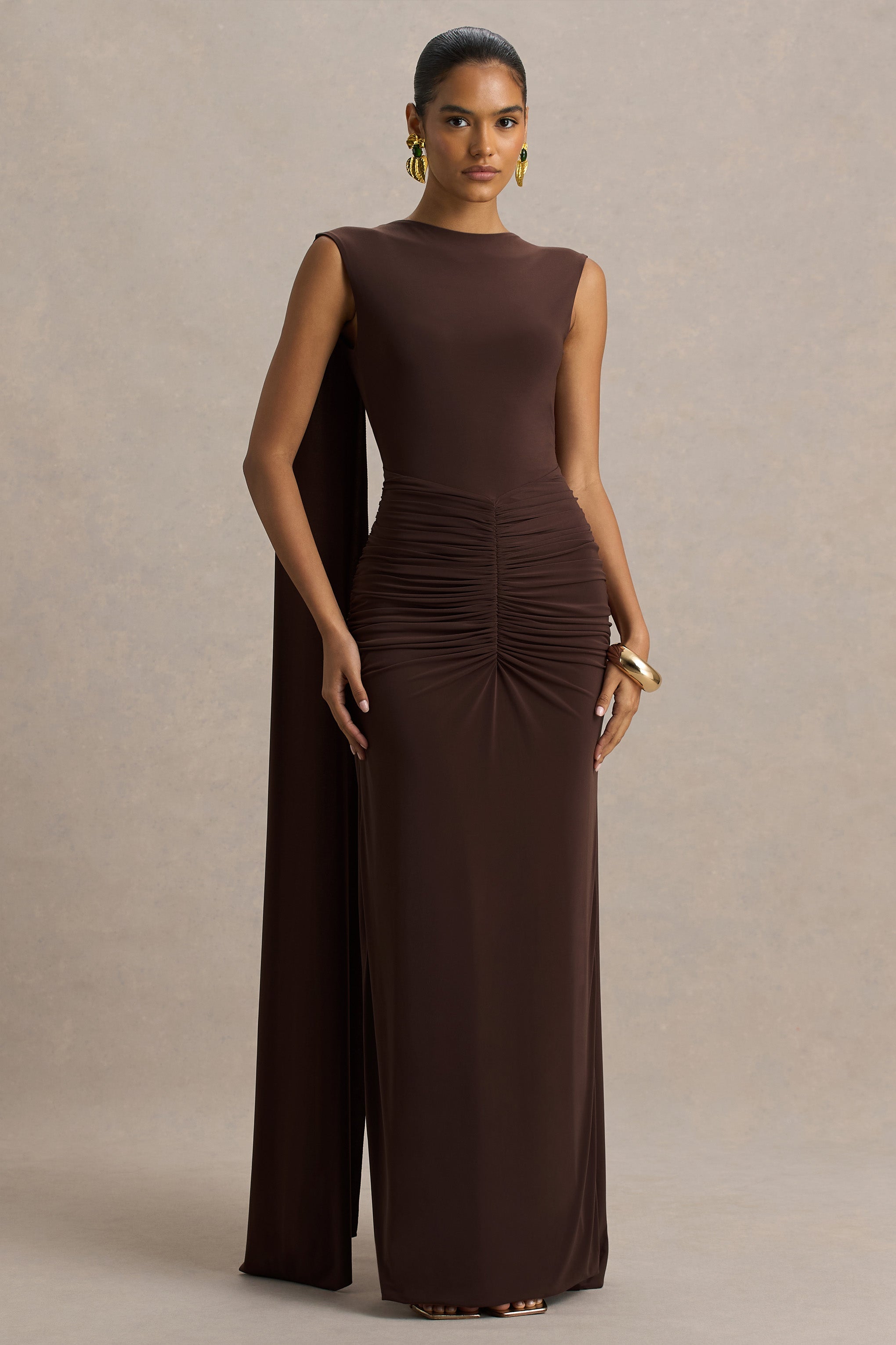 Premiere | Brown Boat-Neck Maxi Dress With Cape Sleeves And Open-Back