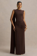 Premiere | Brown Boat-Neck Maxi Dress With Cape Sleeves And Open-Back