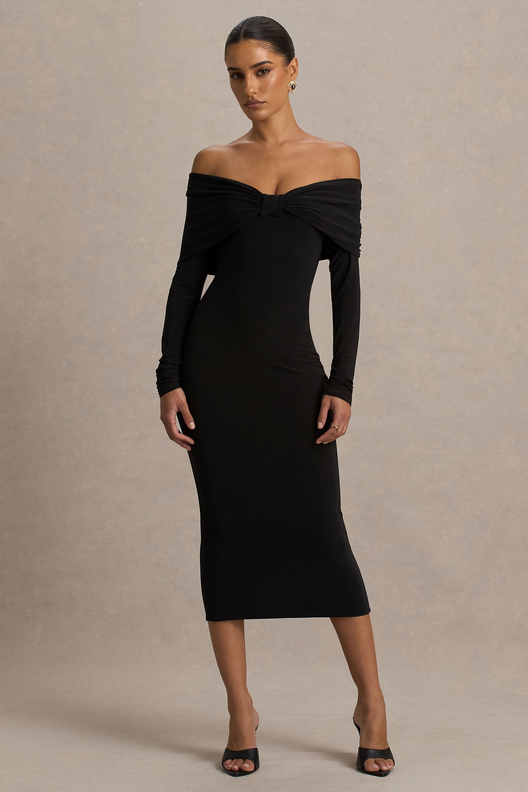 Spark | Black Bardot-Neck Midi Dress With Bow Detail