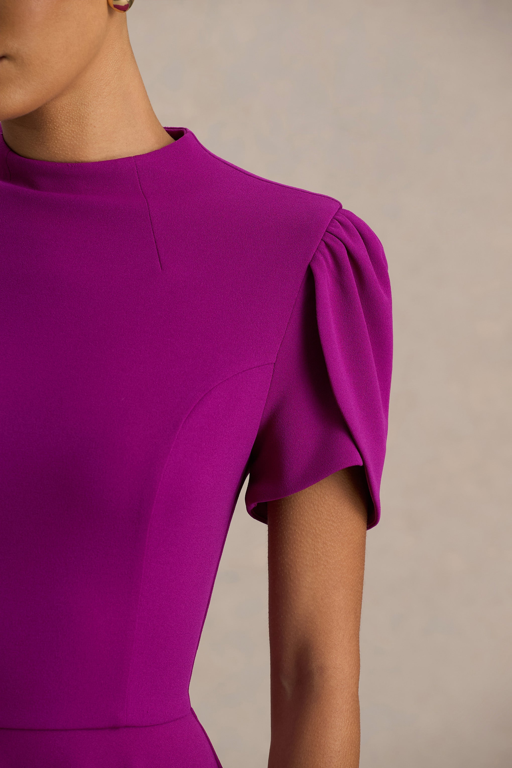 Vicky | Mulberry High Neck Midi Dress With Puff Sleeves
