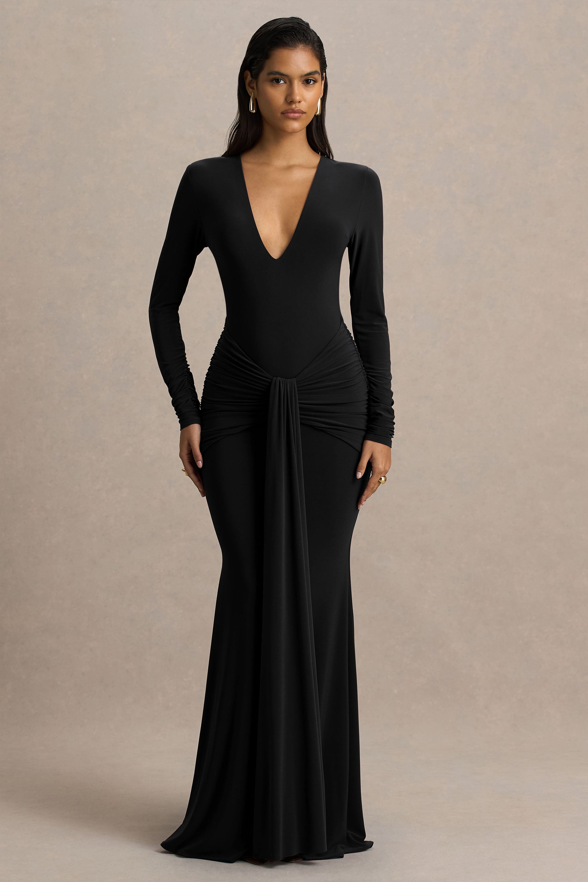 Saffie | Black Extreme-Plunge Wrap Maxi Dress With Long-Sleeves And Ruched Detailing