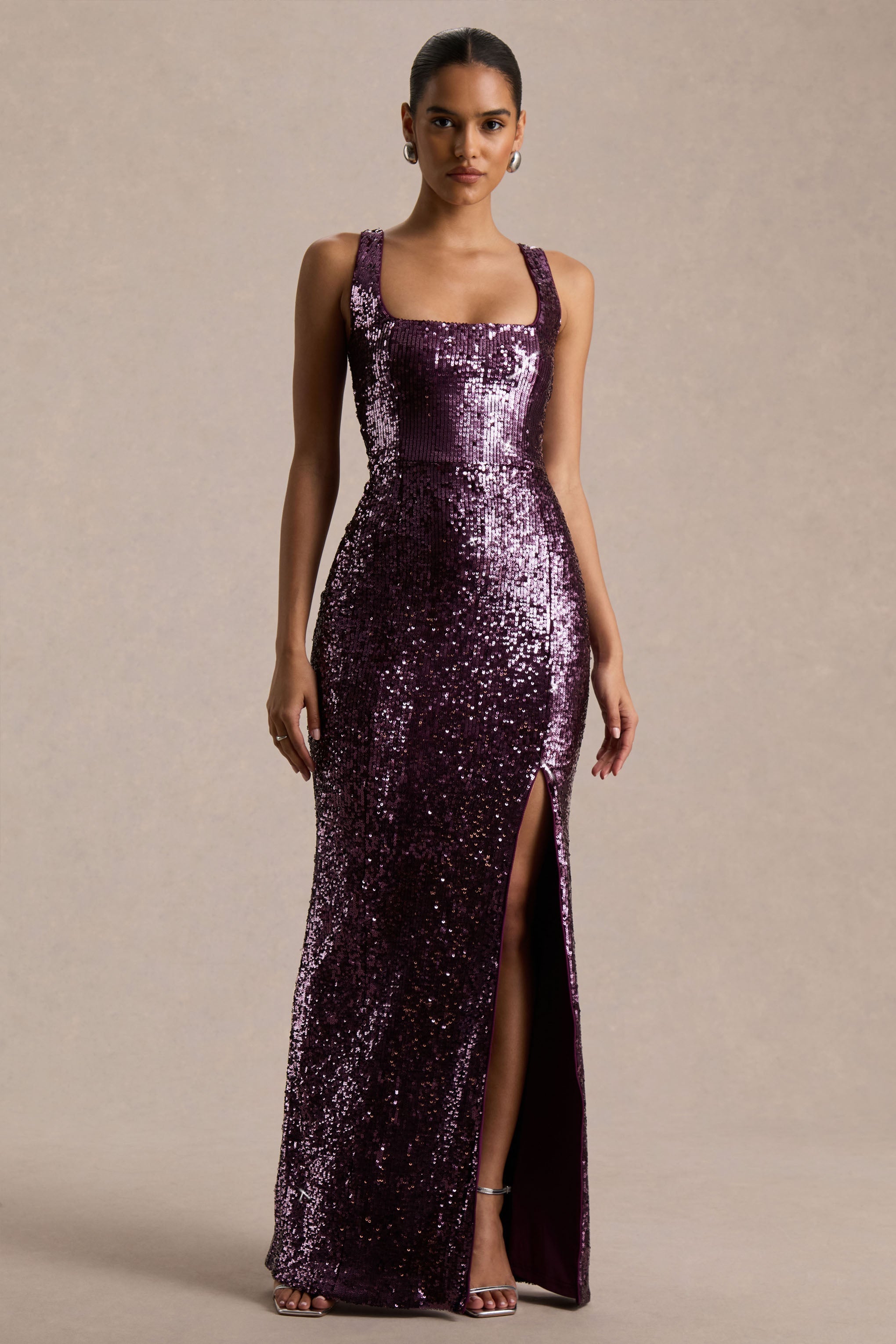 High Life | Plum Sequin Square-Neck Maxi Dress With Front-High Split
