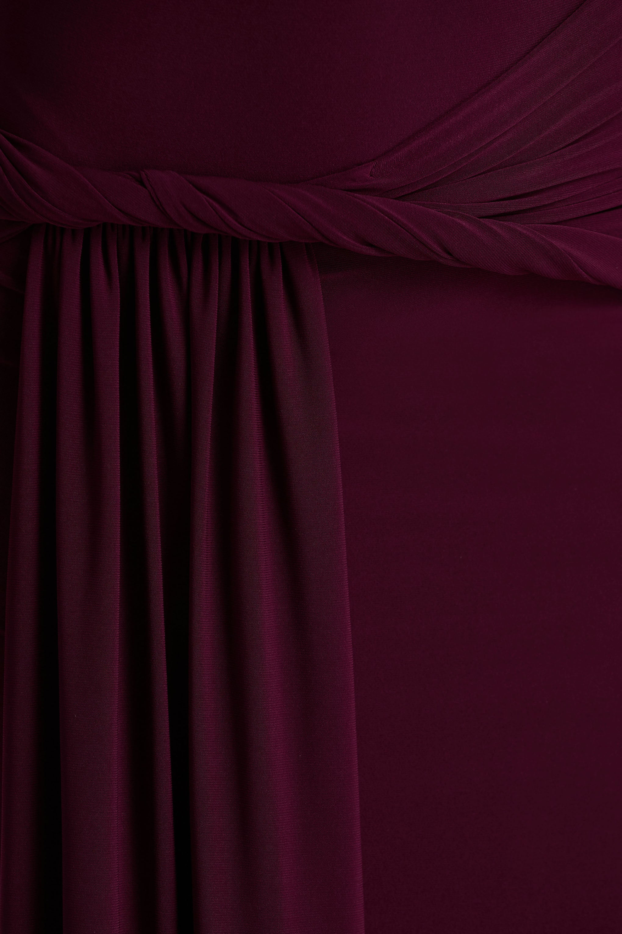 Tulisa | Burgundy Asymmetric-Neck Maxi Dress With Twist Sleeves And Ruched Detailing