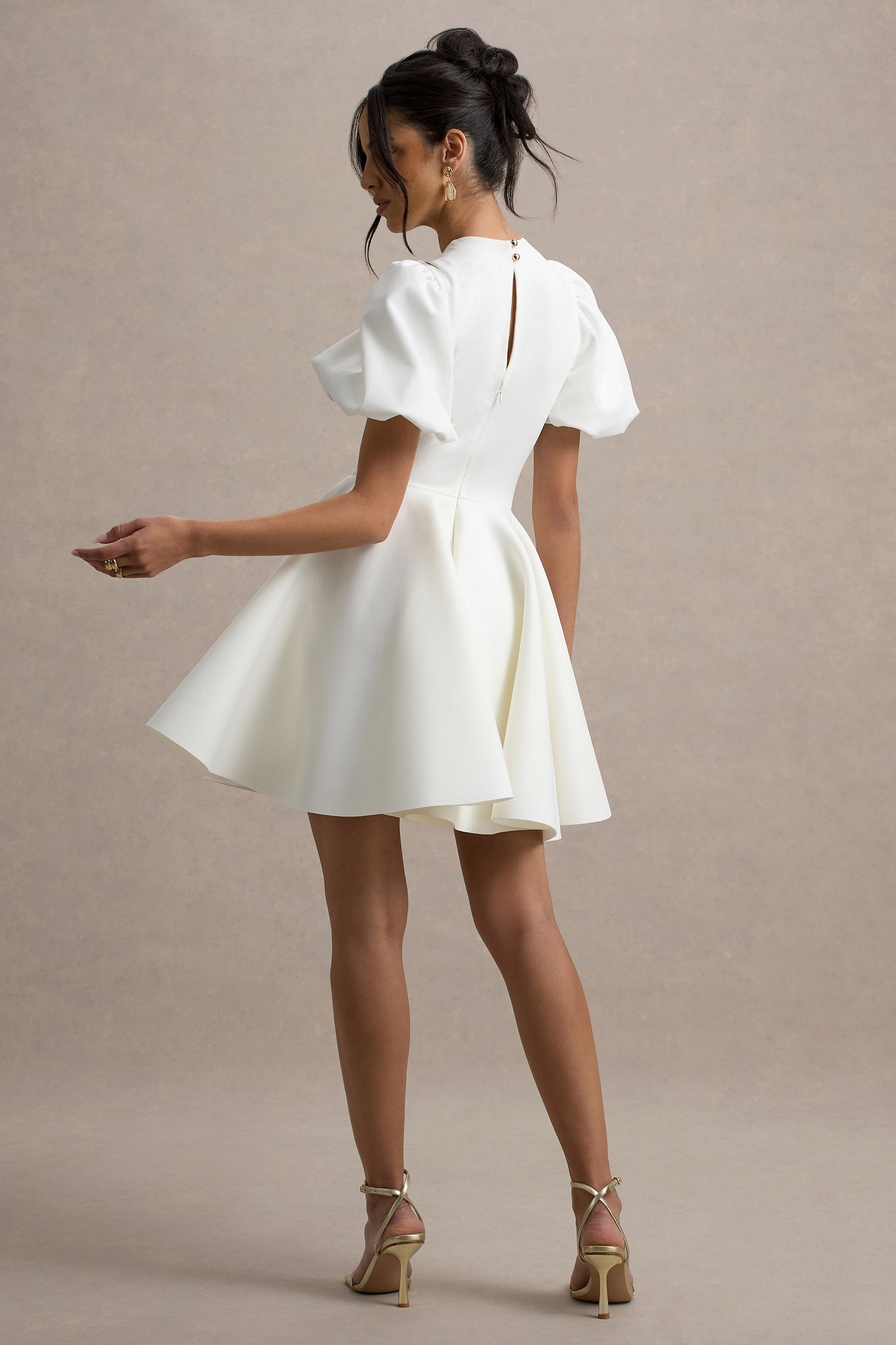 Emelia | White Puff-Sleeve Skater Mini Dress