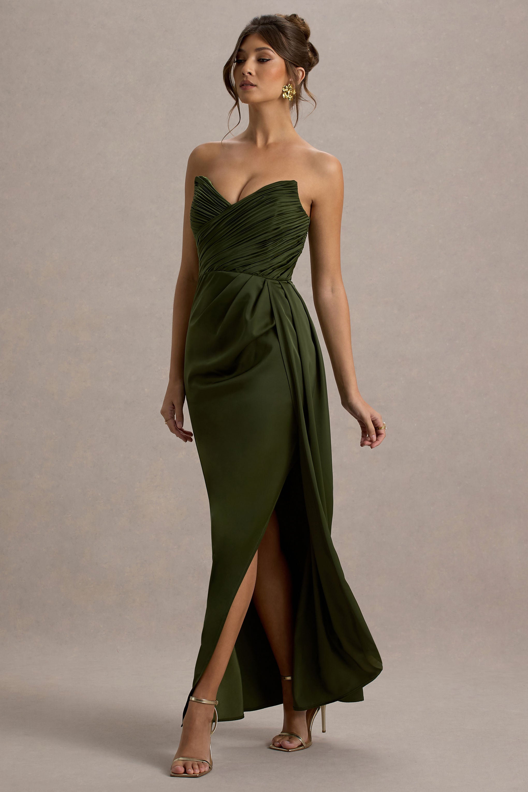 Edel | Olive Satin Strapless Maxi Dress With Drape