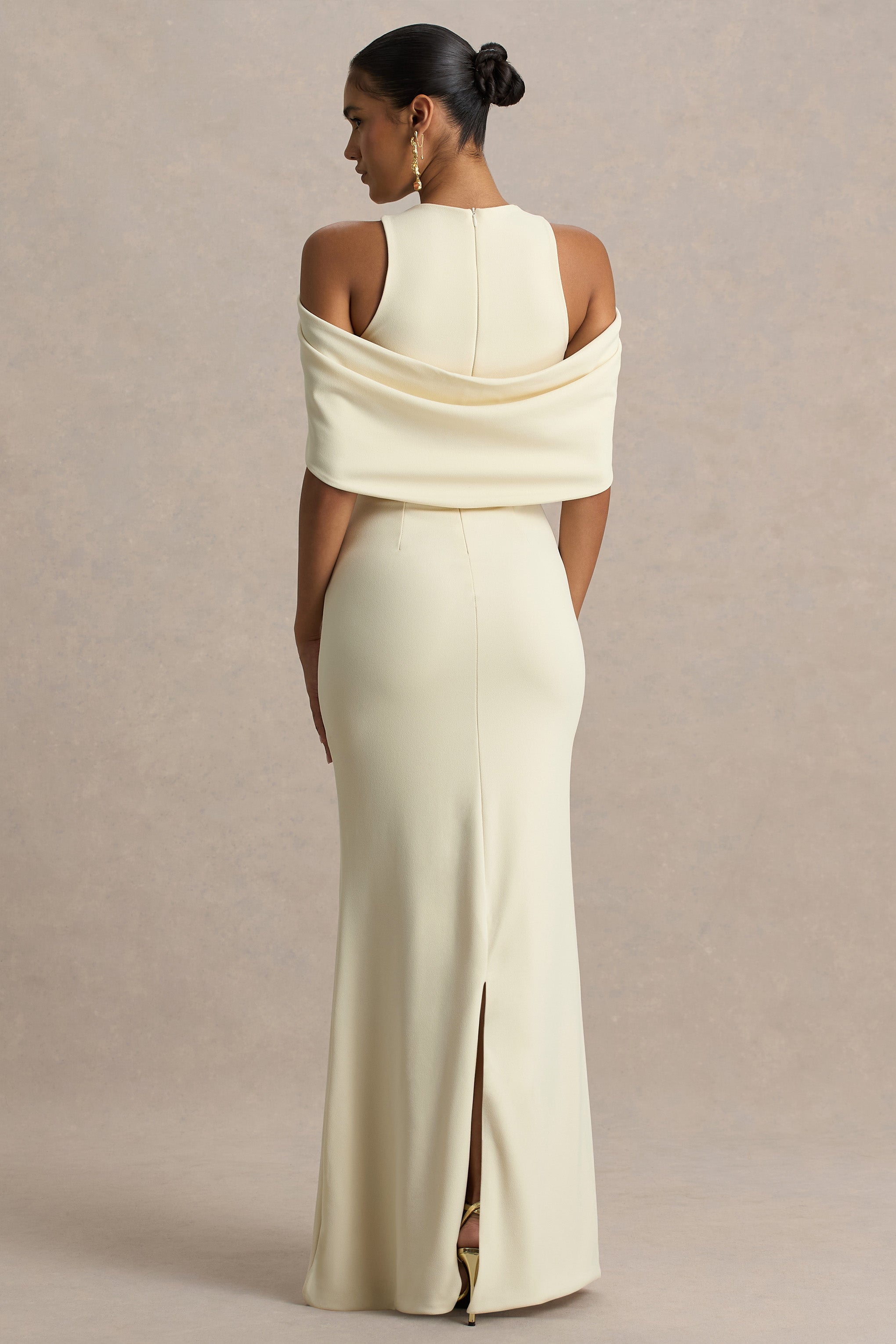 Yulia | Sand High-Neck Maxi Dress With Cape Sleeves
